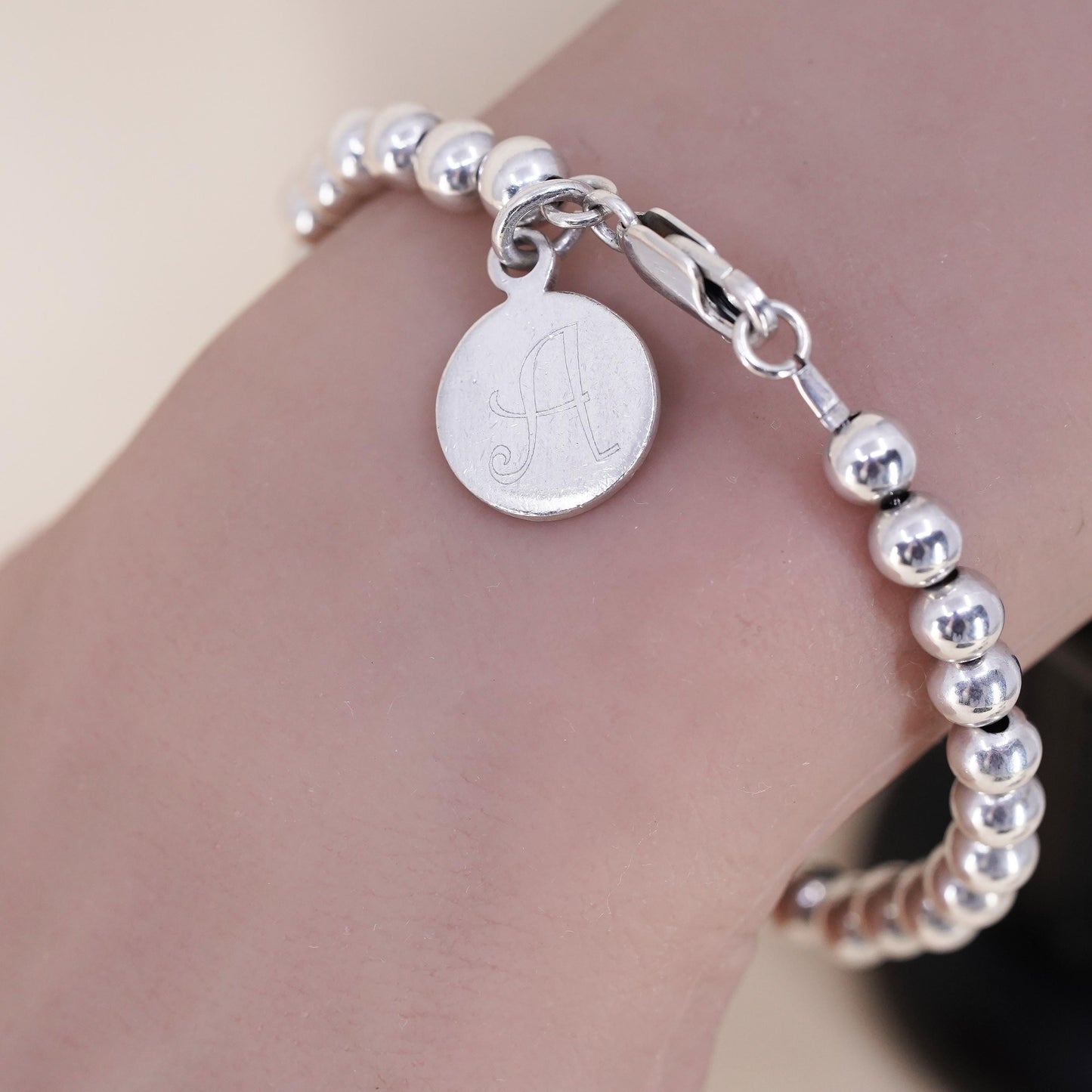 7” 5mm, Vintage sterling 925 silver bead bracelet tag charm engraved letter H