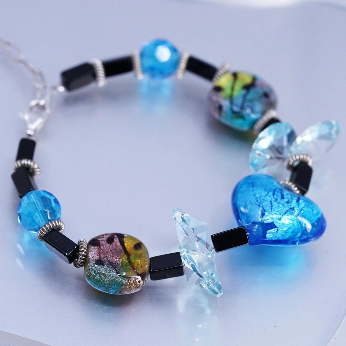 7.5+1", Sterling 925 silver Bracelet with Blue Foiled Glass heart onyx cubes
