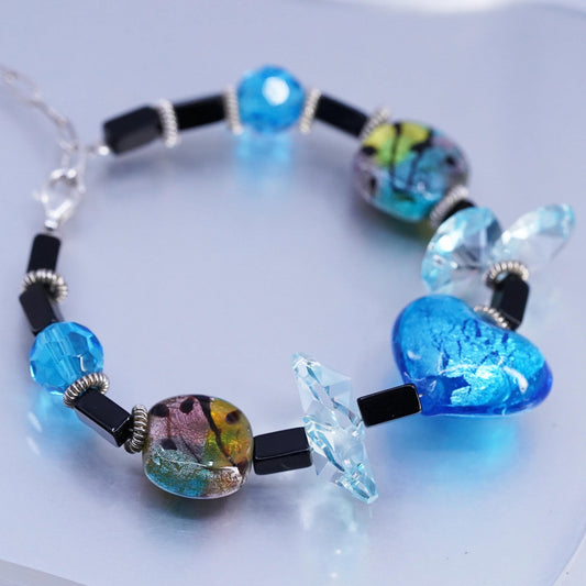 7.5+1", Sterling 925 silver Bracelet with Blue Foiled Glass heart onyx cubes