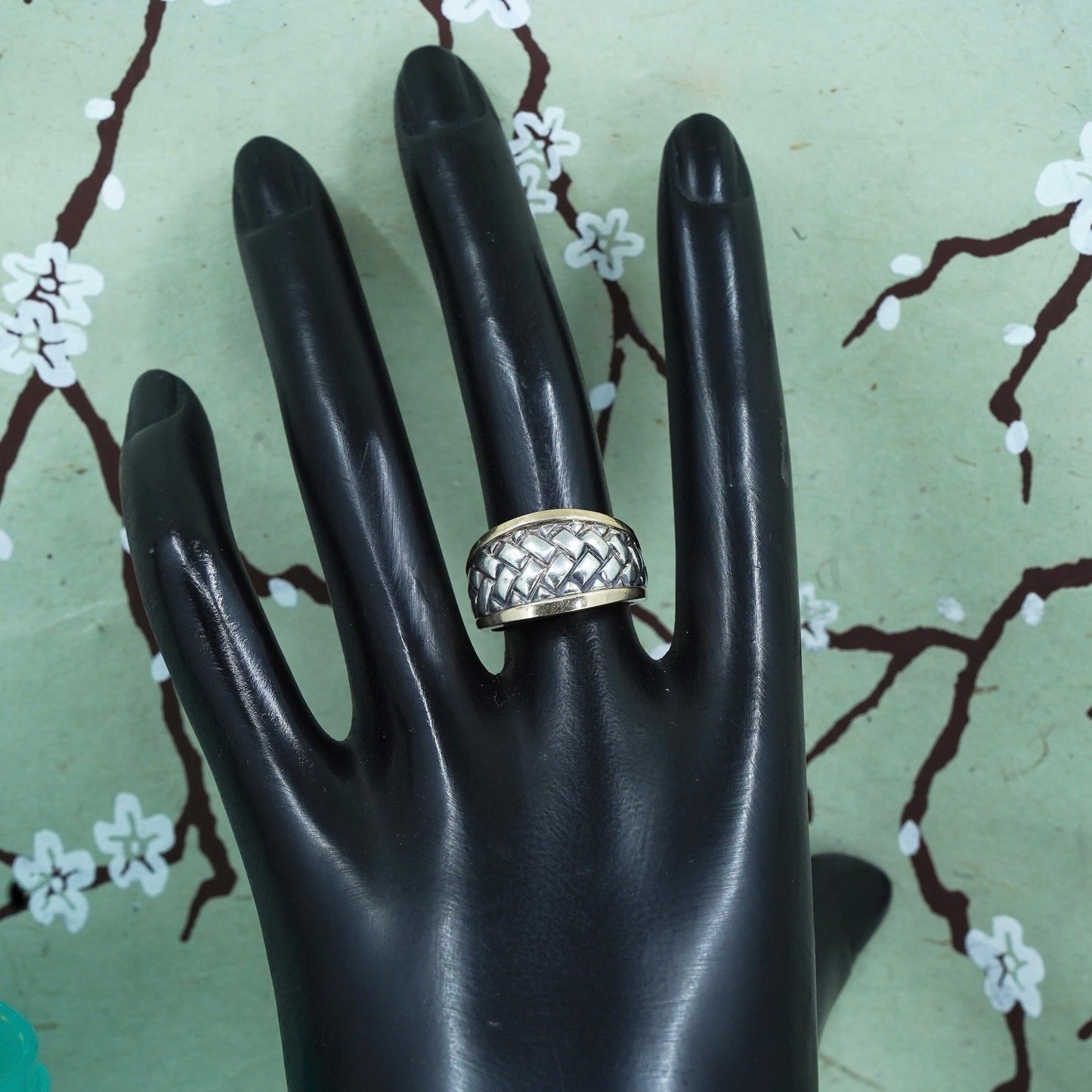 Size 7, vtg sterling 925 silver with 14K yellow gold trims braided woven ring