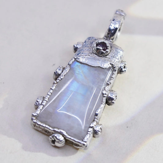 Brutalist Rainbow Moonstone Garnet Pendant, Freeform 925 Sterling Silver Charm