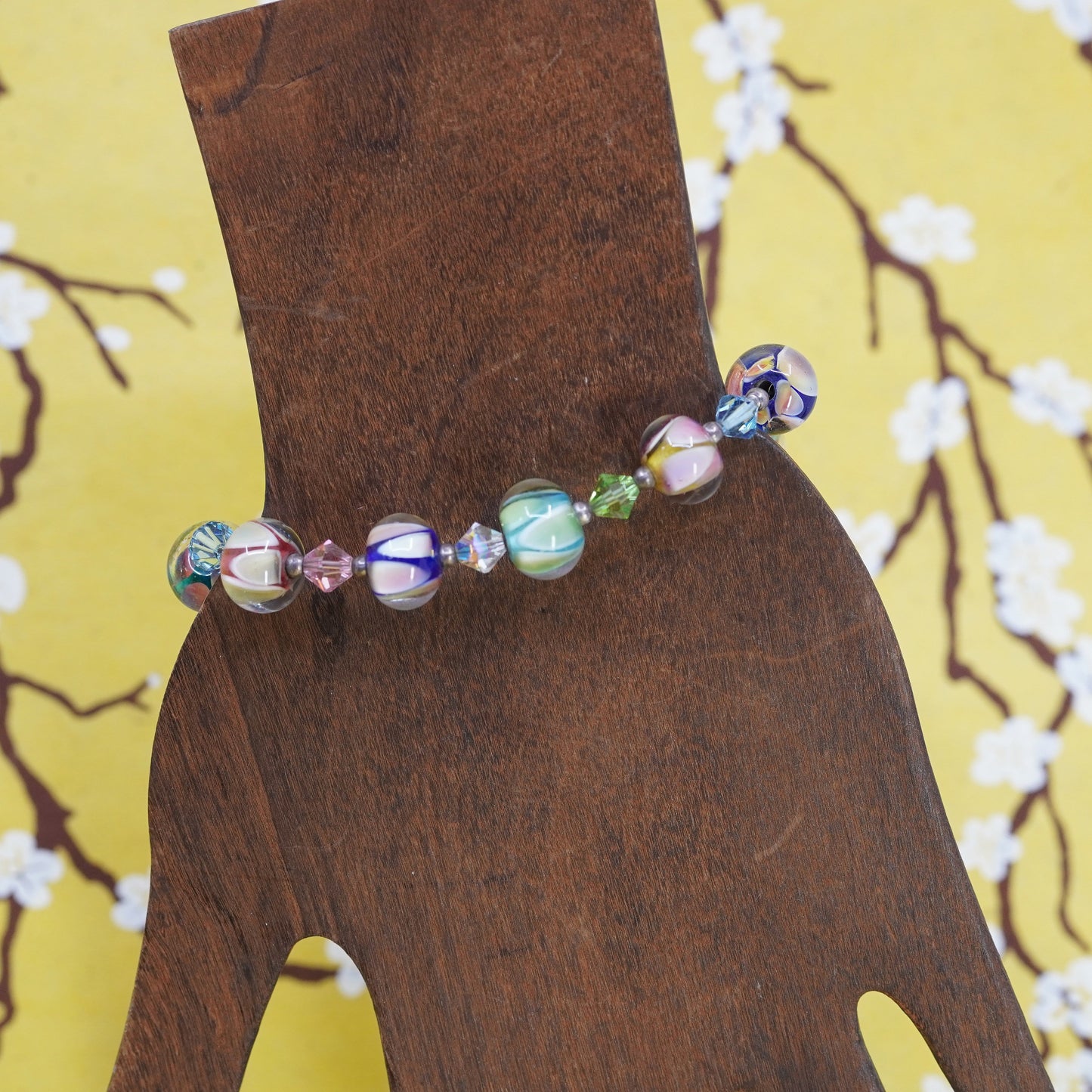 6.5”, Vintage handmade bracelet, blue artisan glass bead bracelet
