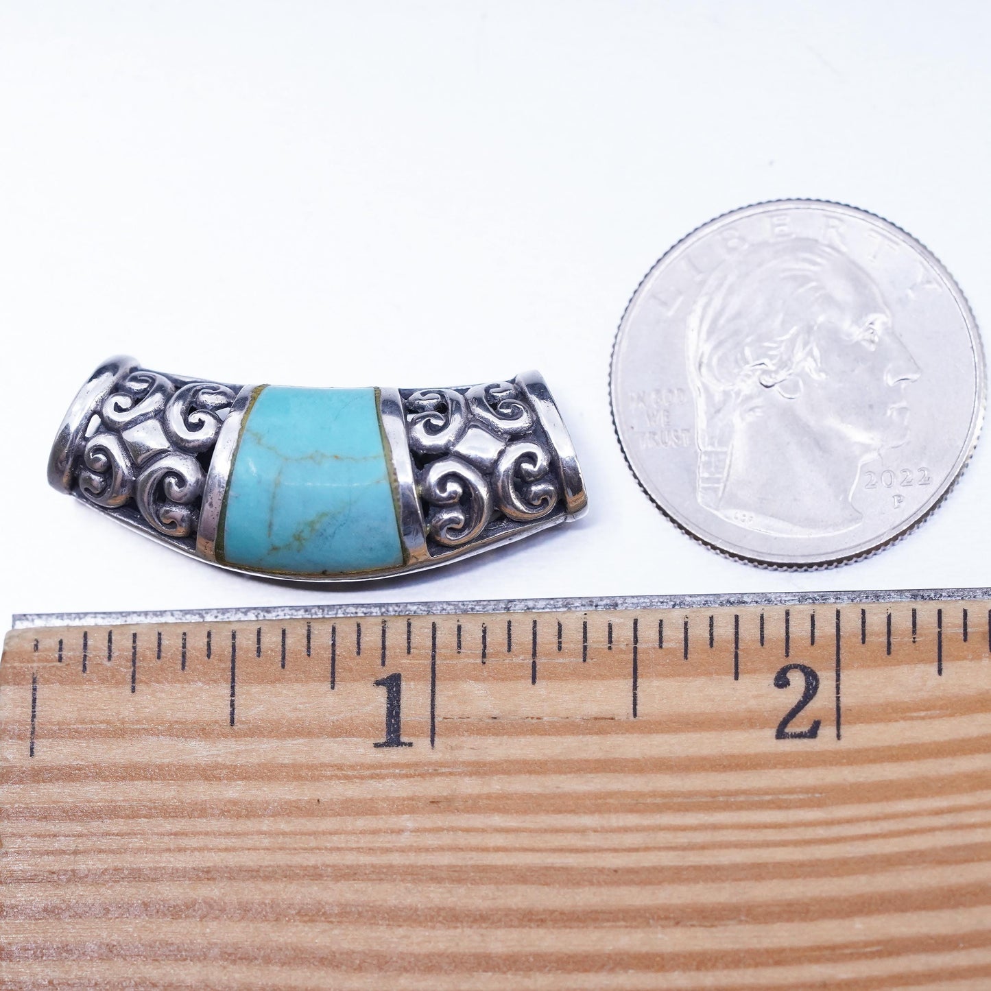 Vintage Thailand sterling 925 silver filigree slide pendant turquoise inlay