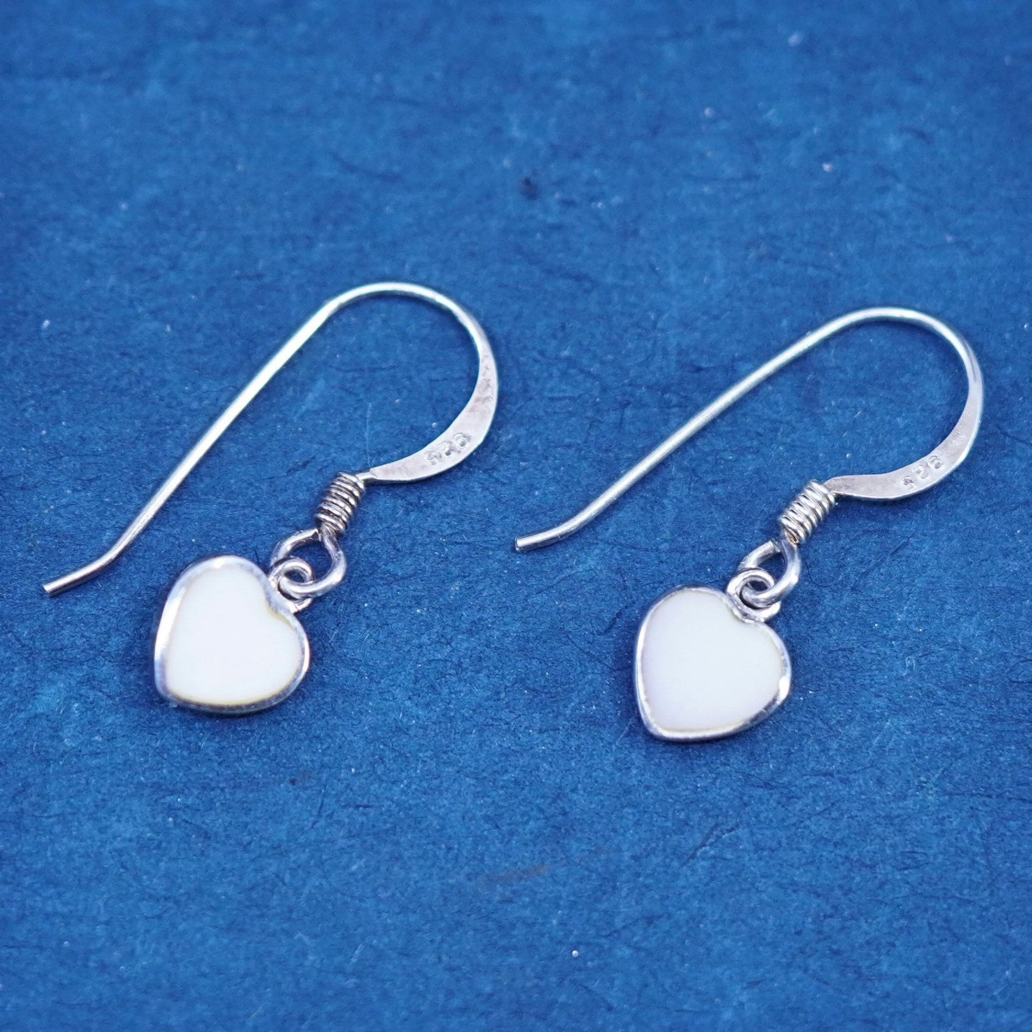 Sterling silver handmade earrings, 925 heart drops pink mother of pearl inlay