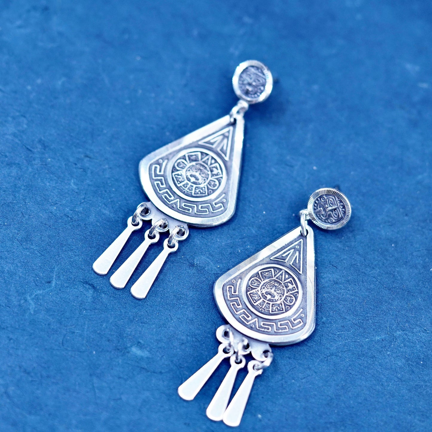 Mexico Sterling Silver Earrings 925 teardrop embossed mayan calendar and fringe