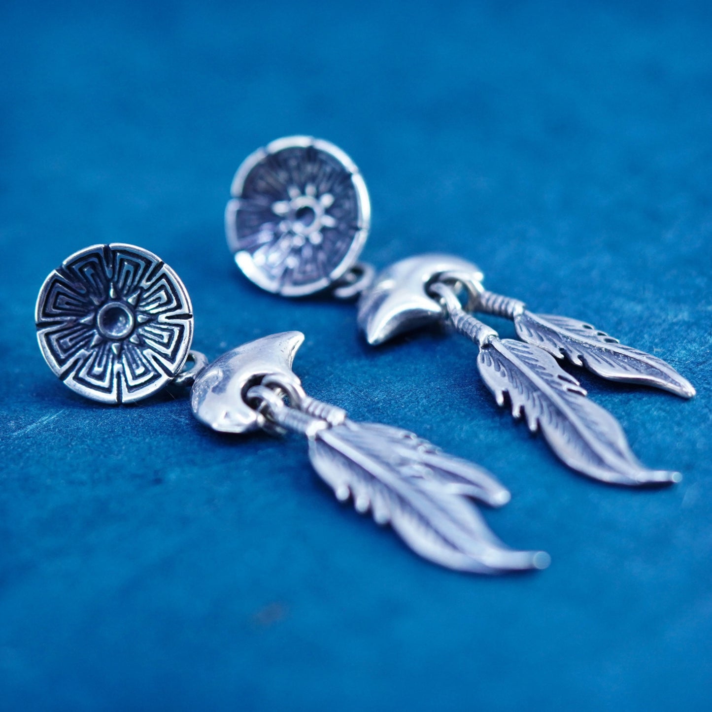 Native American STC sterling 925 silver handmade polar bear w/ feather dangles