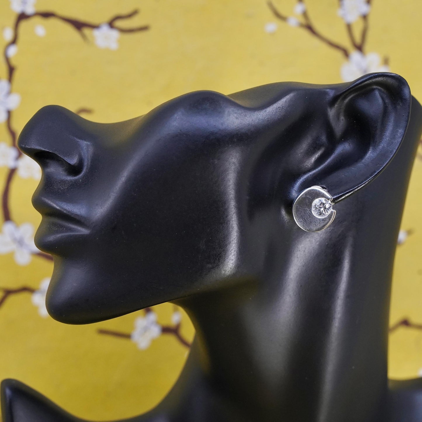 vintage Sterling silver handmade studs, circle moon earrings cz