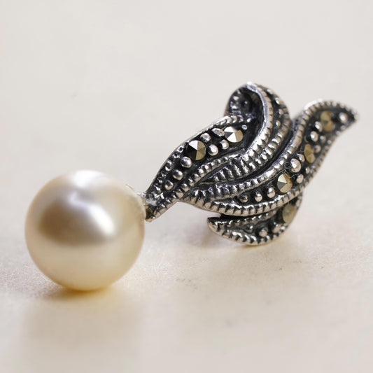 Vintage Sterling silver Pendant, solid 925 silver with pearl and marcasite