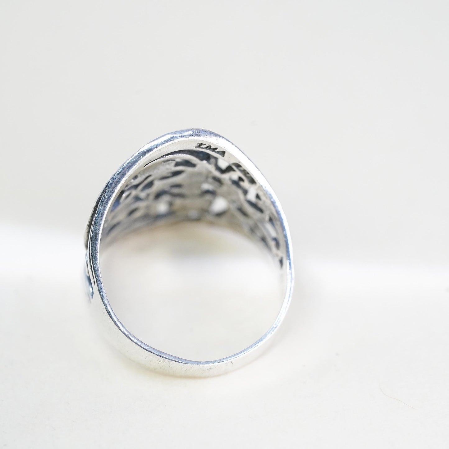 Size 7, VTG sterling silver handmade ring, 925 whirl filigree band bird flower