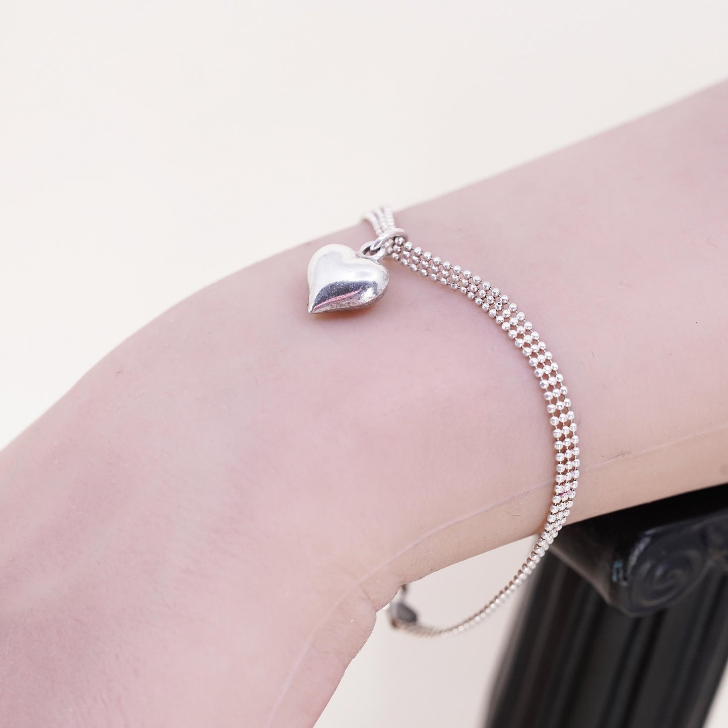 7” 4mm, Vintage Italian sterling silver bracelet, 925 bead chain heart charm