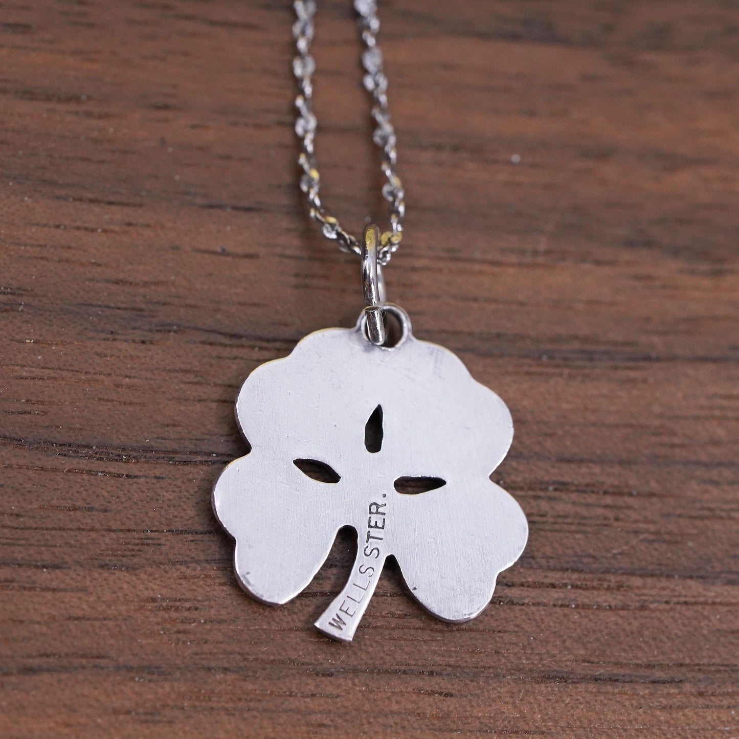 16”, Sterling silver necklace, 925 twisted s link chain enamel clover pendant