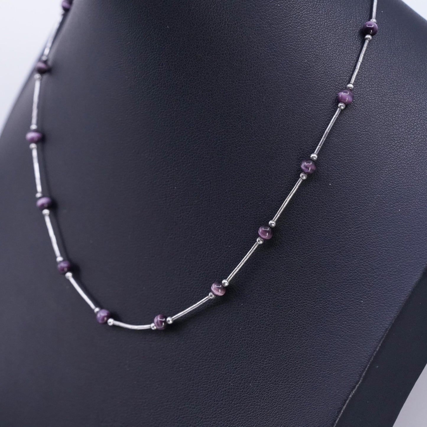 15", Native American Sterling 925 liquid silver necklace purple tiger eye beads