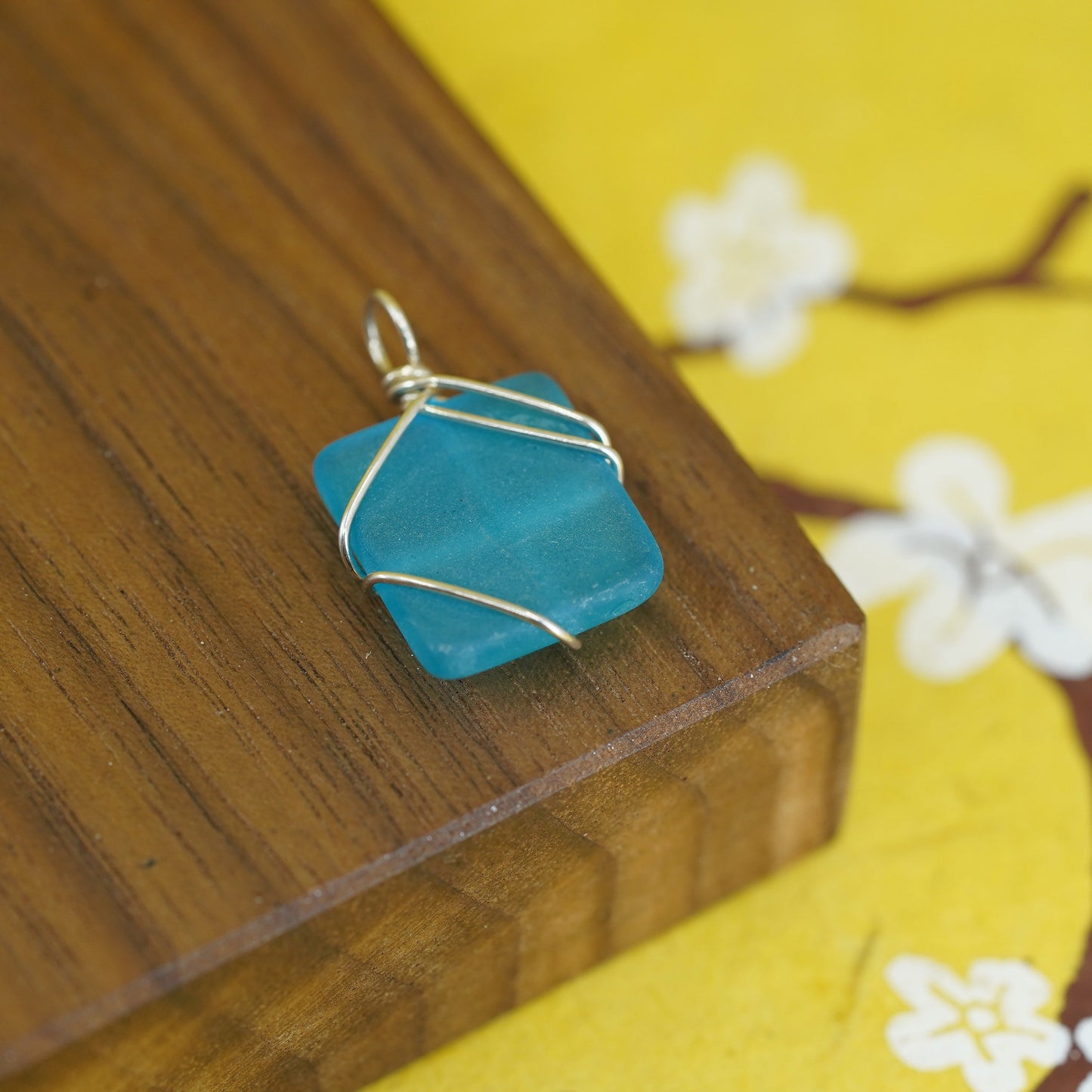 Vintage Sterling 925 silver handmade pendant with sea washed blue glass, unique