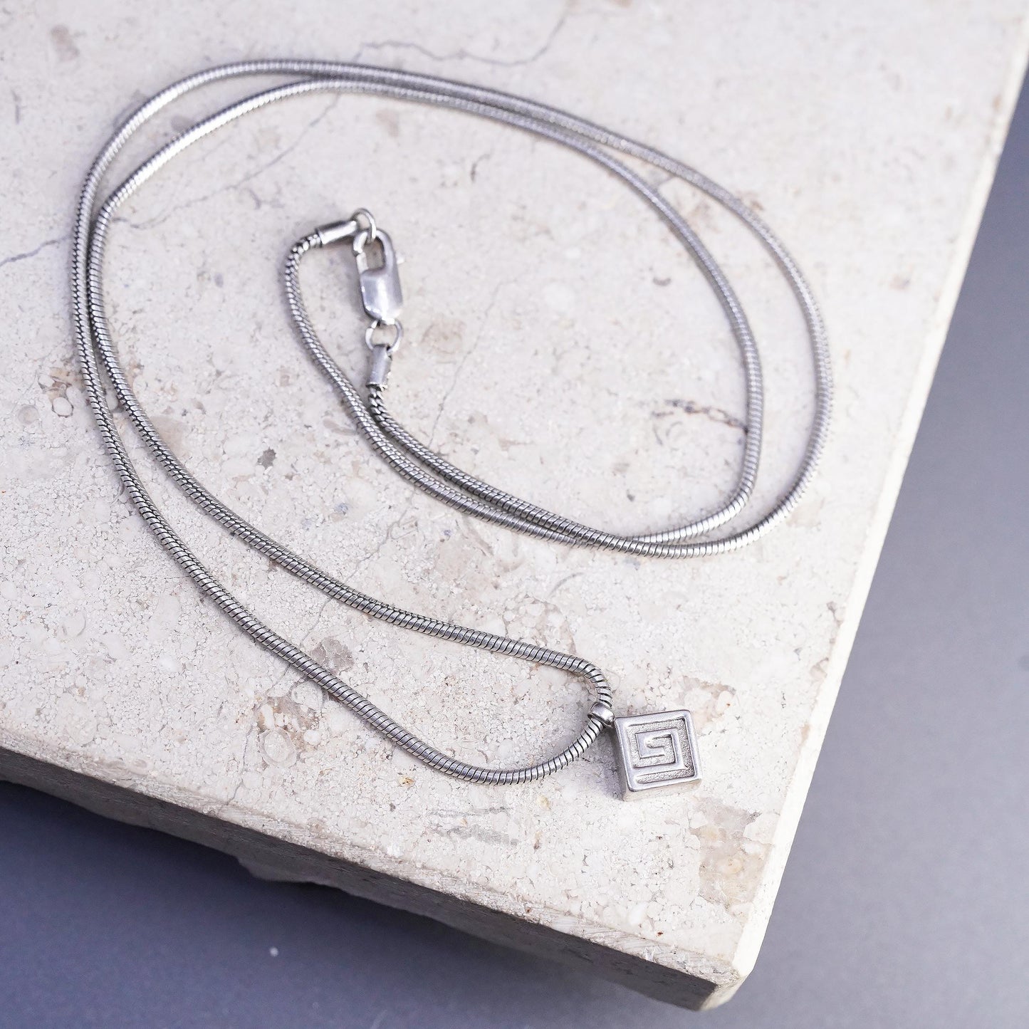 16", VTG Sterling silver necklace, 925 snake chain Greek key patterend pendant