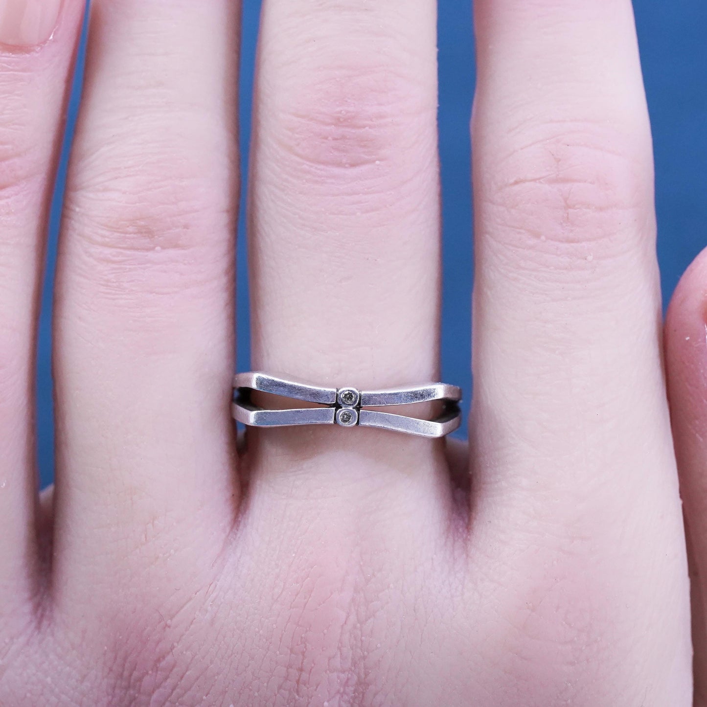 Size 7.25, Judith Jack sterling silver ring, 925 entwined band with diamonds