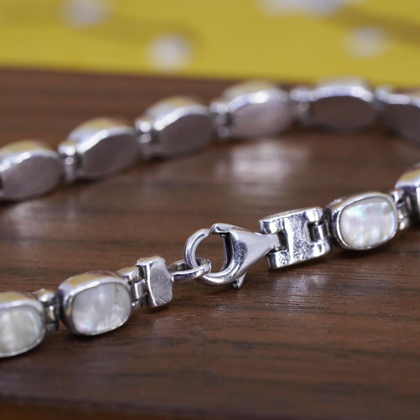 7.5”, Peyote Bird Sterling 925 silver tennis bracelet mother of pearl inlay