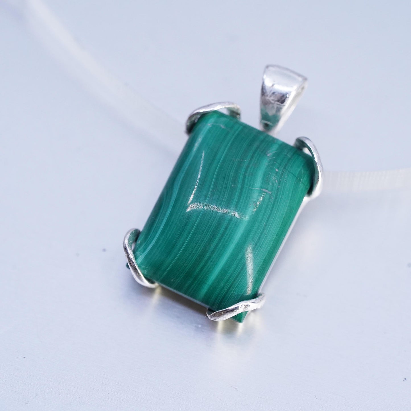 Vintage sterling 925 silver handmade rectangular pendant with malachite