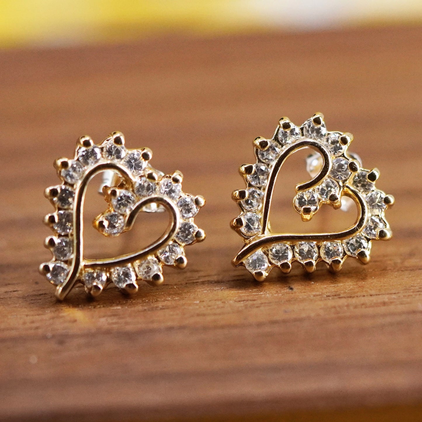 Vintage vermeil gold over Sterling silver heart earrings studs with cz