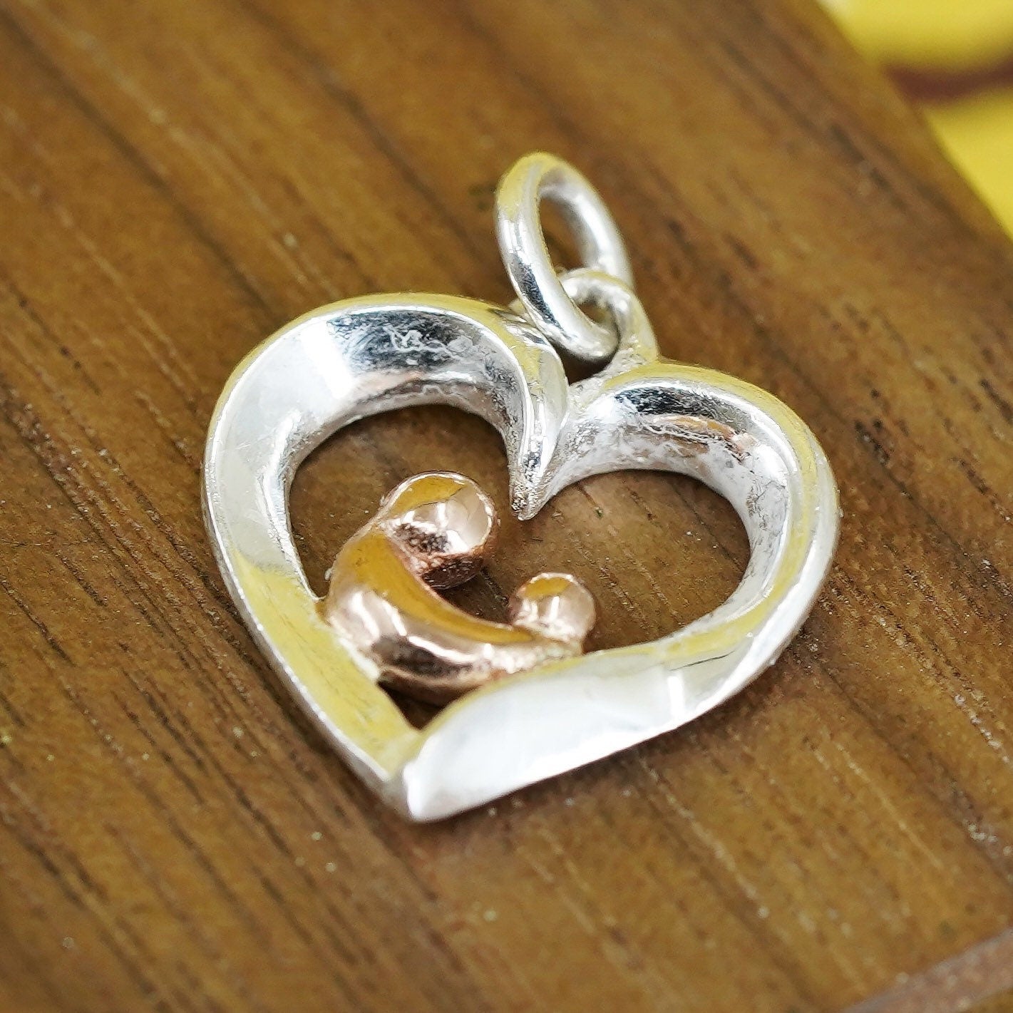 two tone sterling silver handmade heart Pendant, 925 parent baby, family, love