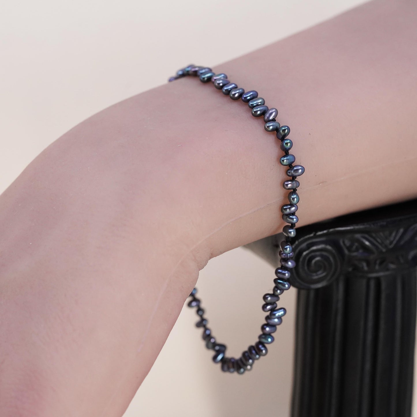 8", vintage sterling 925 silver handmade bracelet with black pearl beads