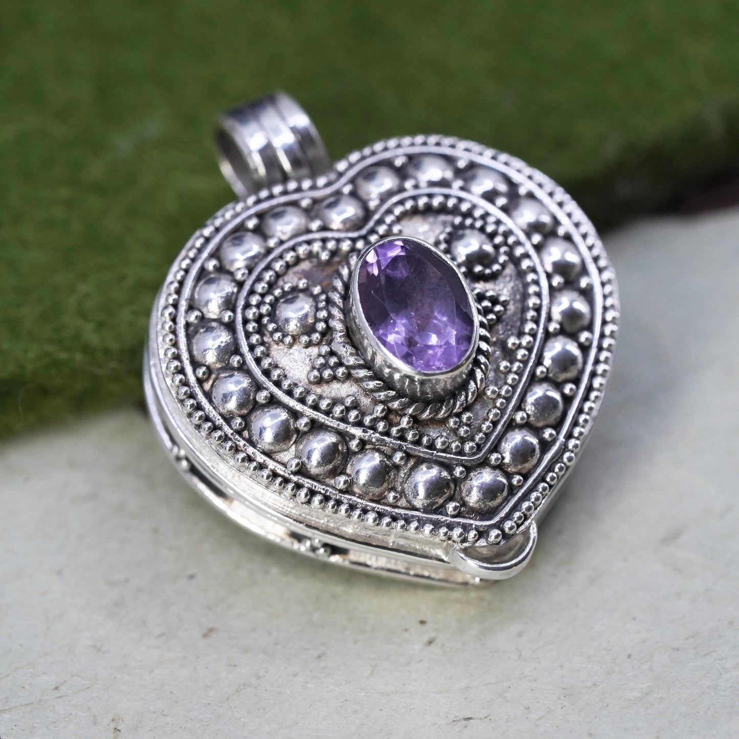 VTG Sterling silver handmade pendant, beaded 925 heart locket charm amethyst