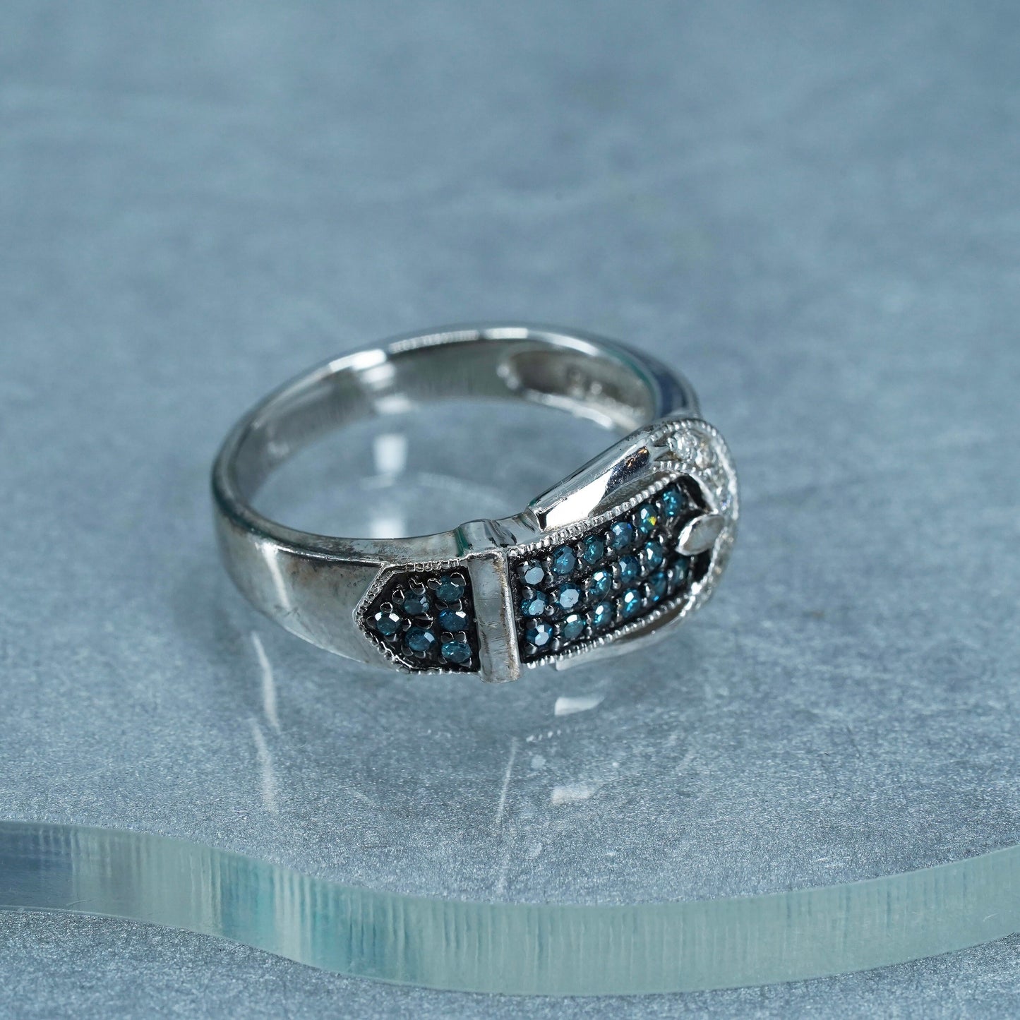 Size 7, Sterling 925 silver belt ring with cluster genuine sapphire and diamond