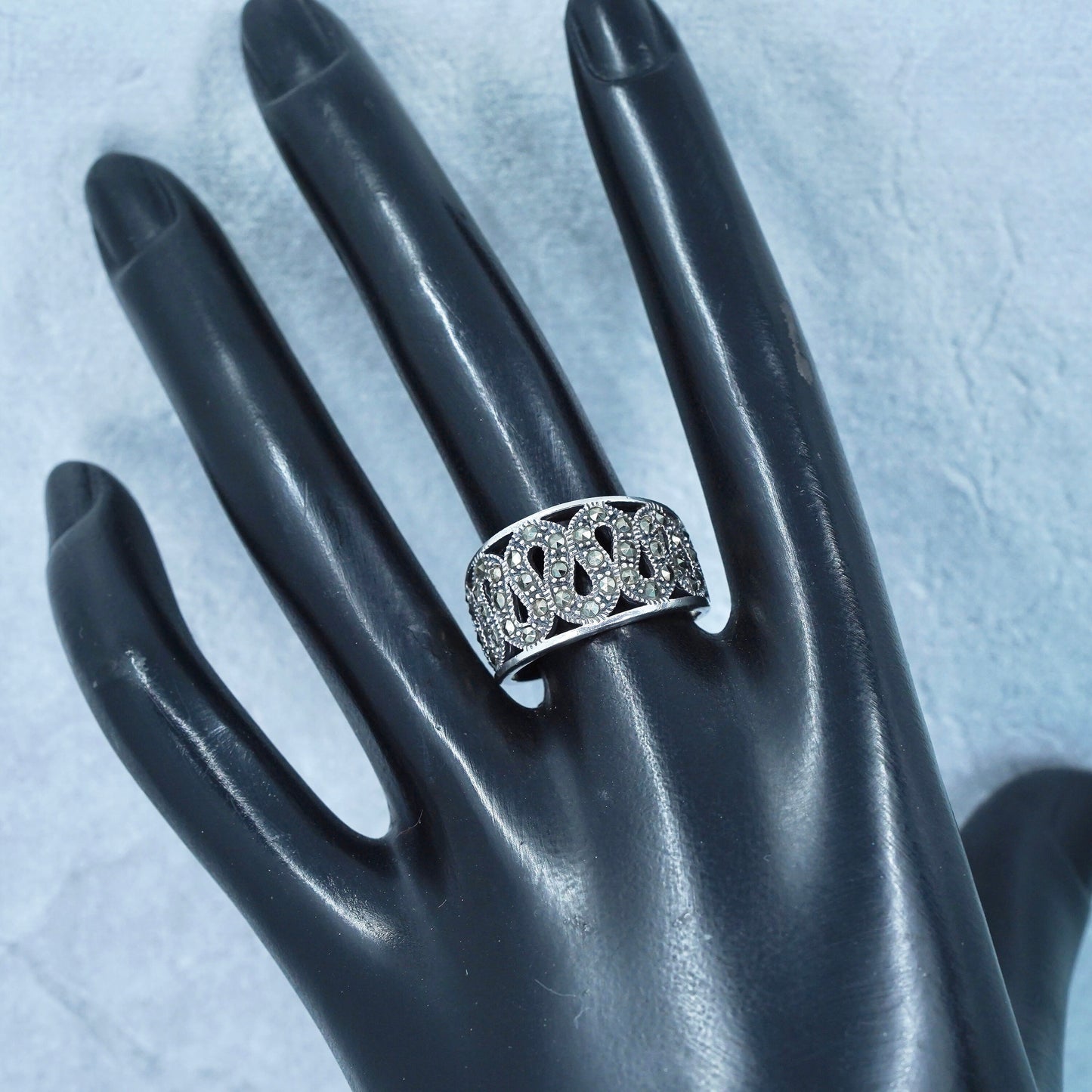 Size 8.75, southwestern Sterling 925 silver handmade ring, band with marcasite