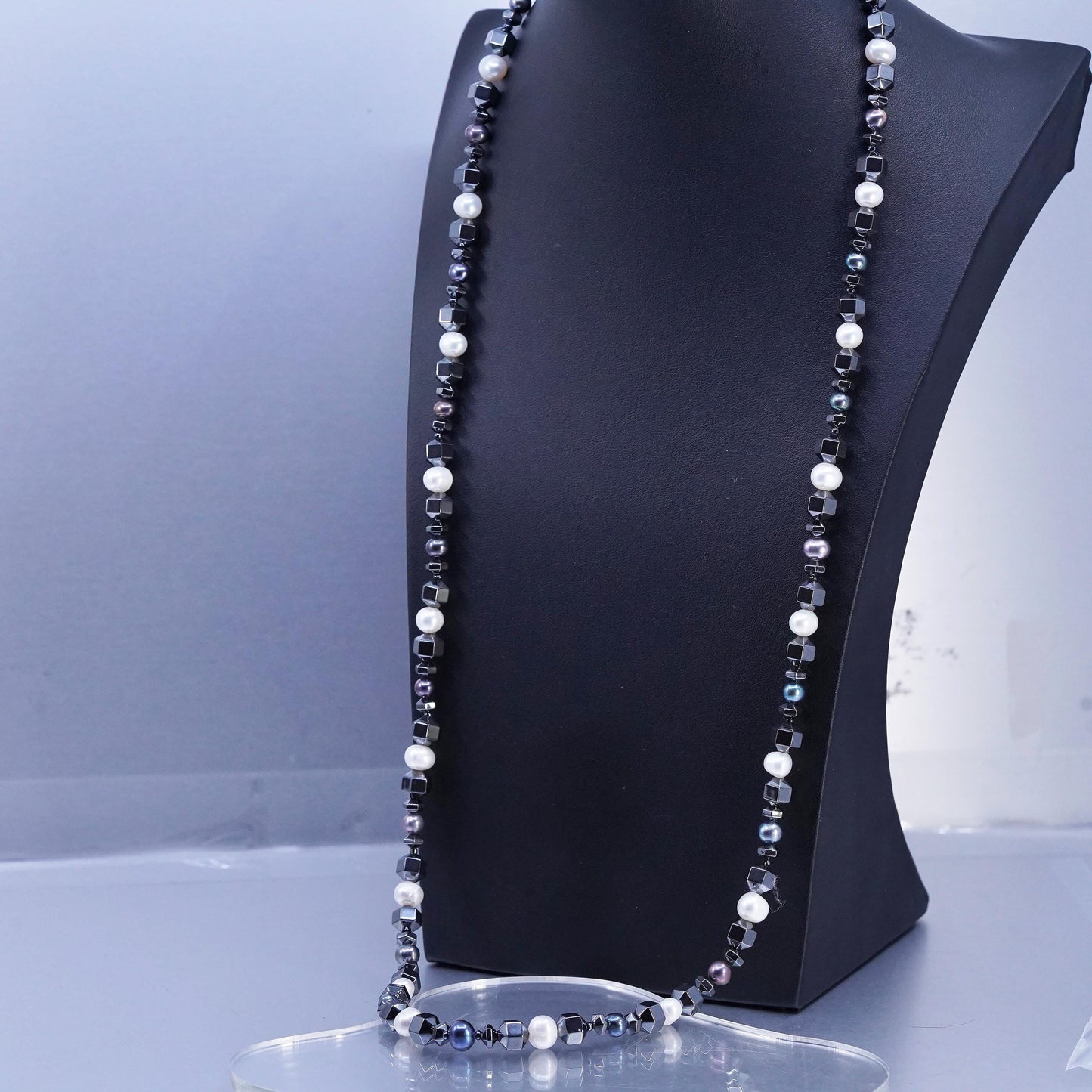 32”, Vintage Sterling 925 silver extra long necklace with hematite pearl beads