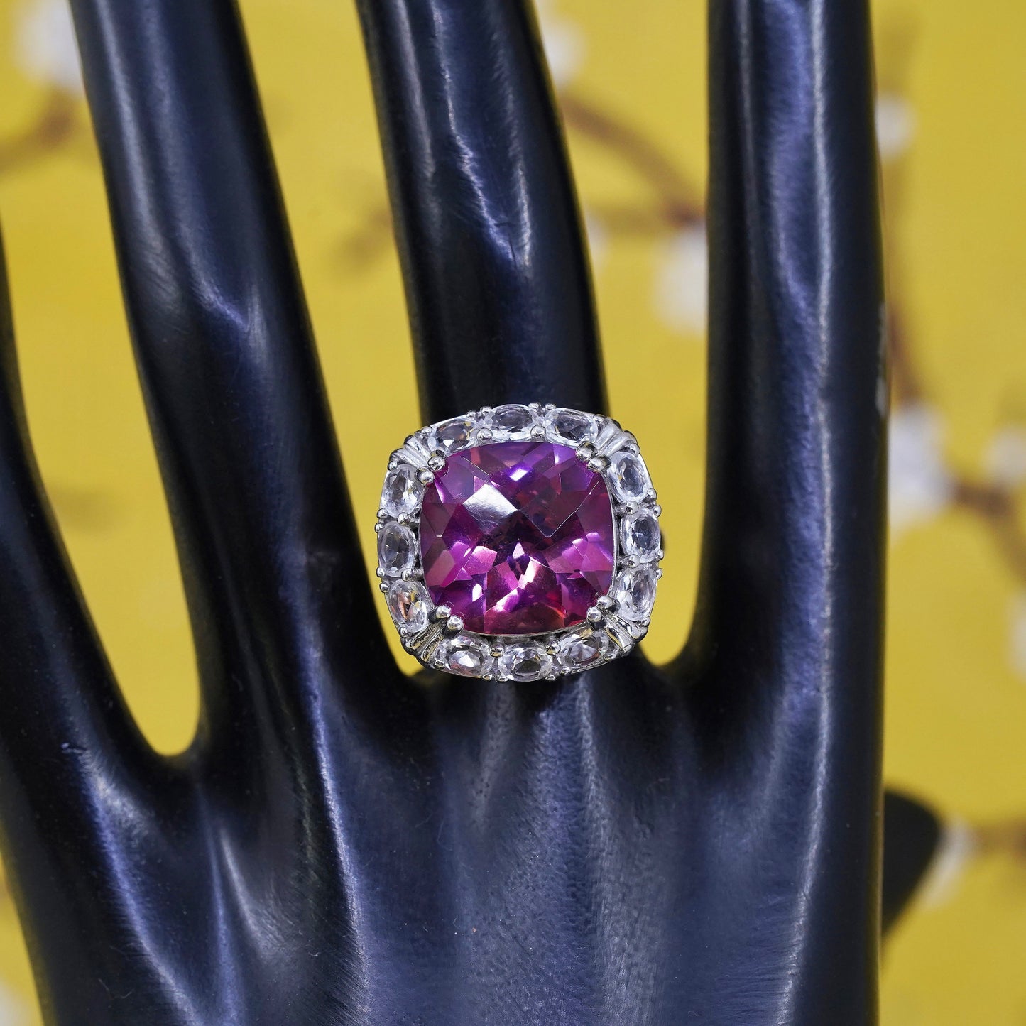 Size 7.75, vintage Sterling 925 silver statement cocktail ring w/ pink crystal