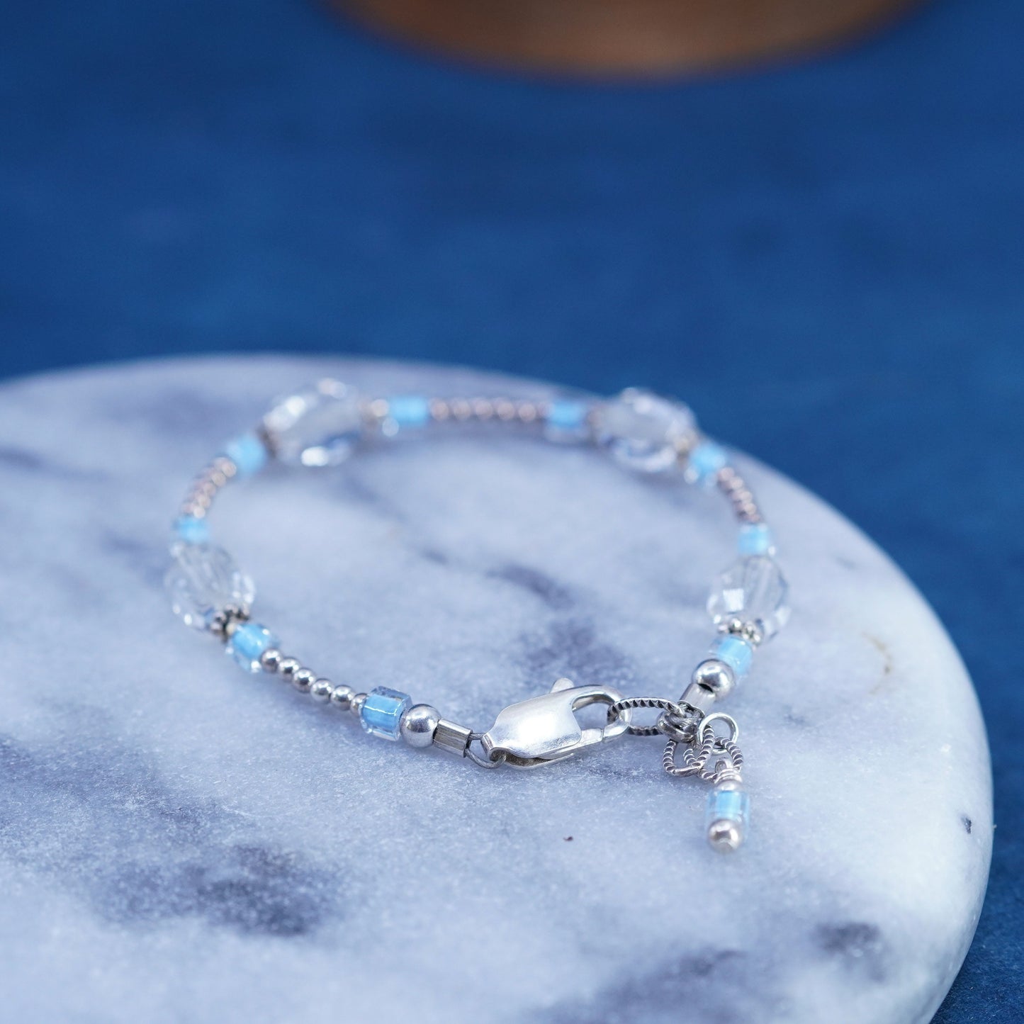 6+1”, vintage Sterling silver handmade bracelet, 925 beads w/ Swarovski crystal