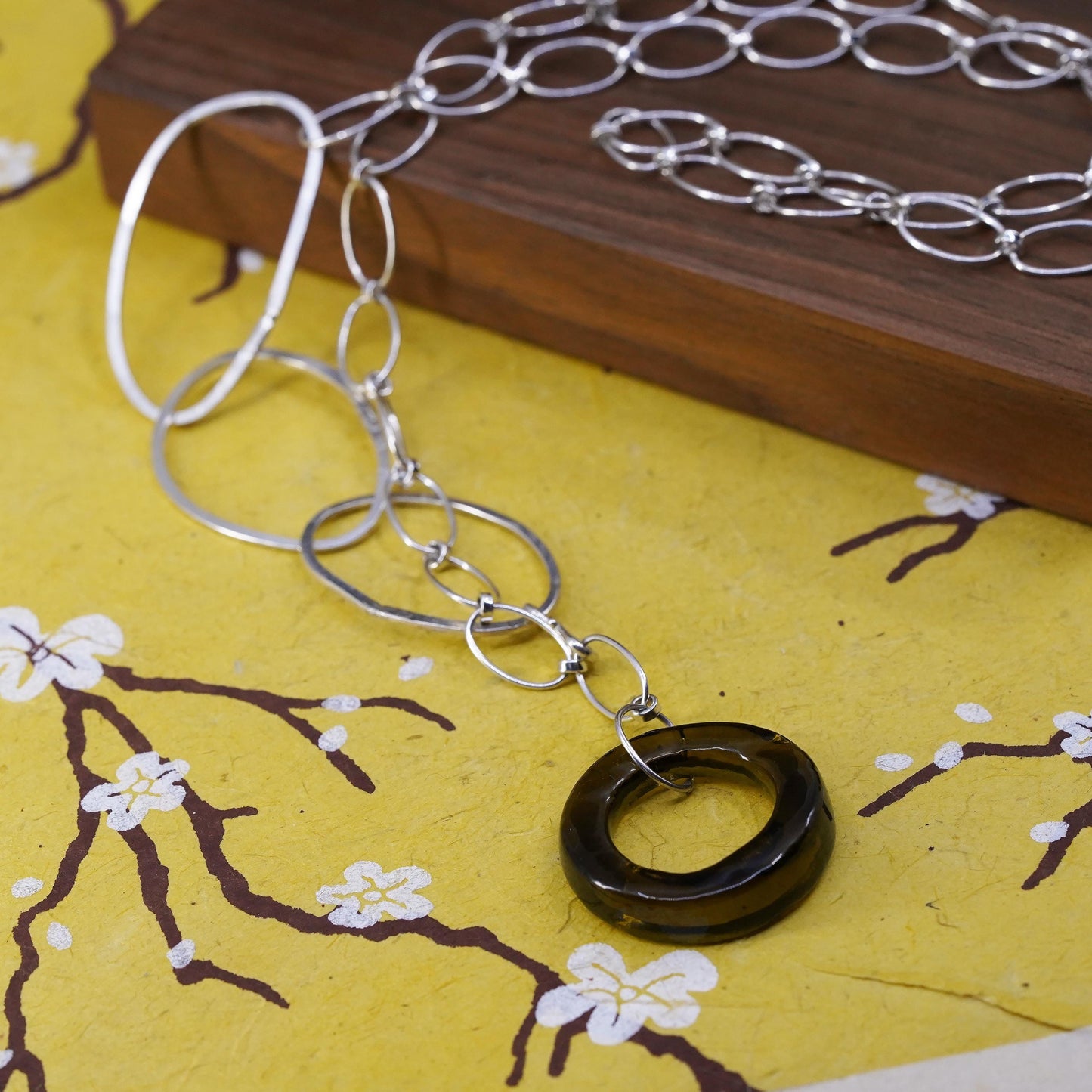 24", Sterling silver sweater necklace, 925 oval chain yellow glass pendant