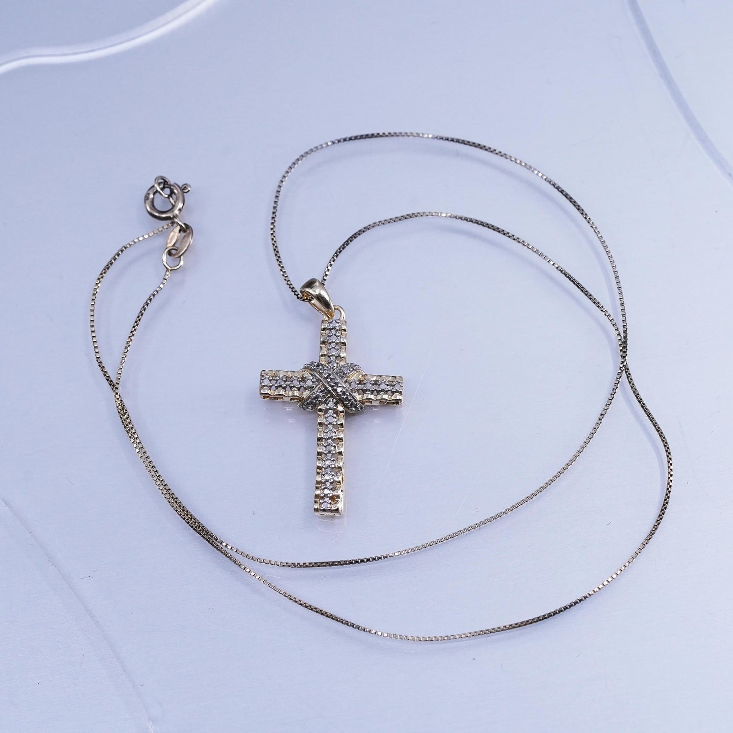 18”, vermeil gold over sterling 925 silver box necklace cross pendant diamond