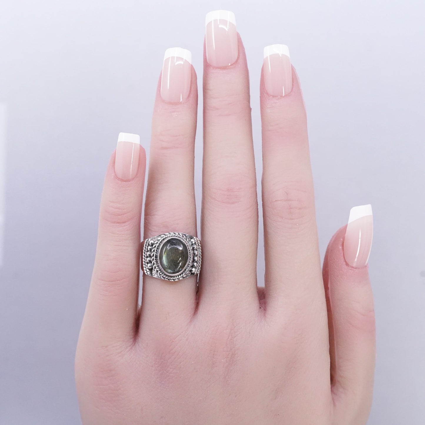Sz 6.5, Vintage Sterling silver handmade ring, 925 band with Labradorite beads