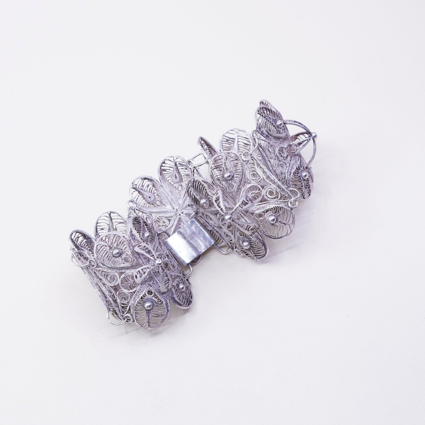 7.5”, vintage sterling silver handmade bracelet, 900 filigree square link chain
