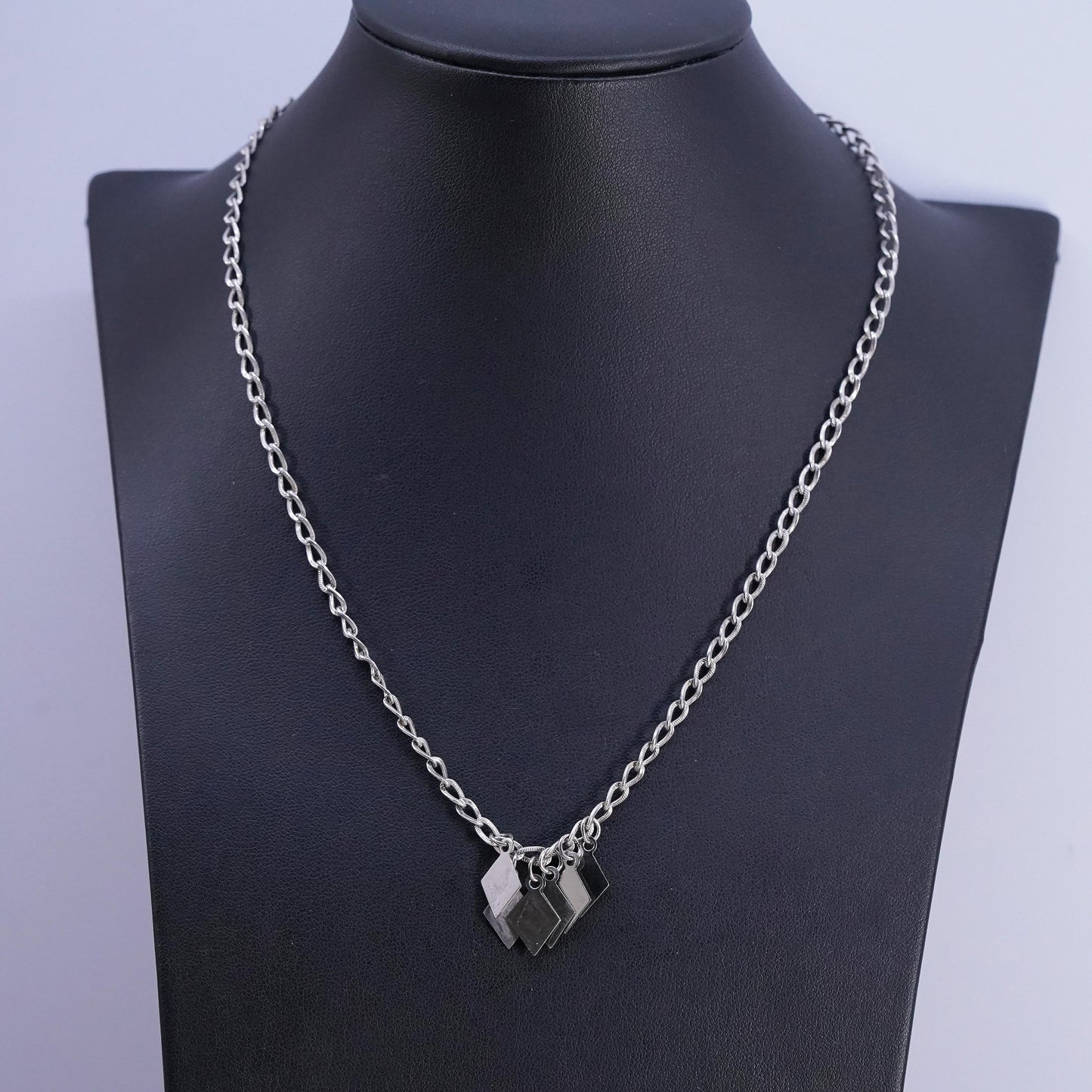 18”, vintage Sterling silver necklace, textured 925 curb chain diamond dangles