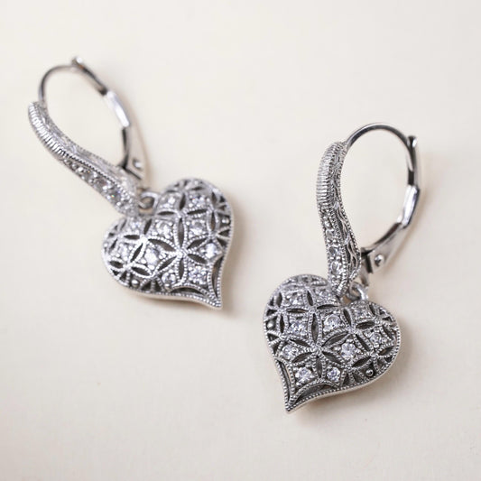 Vintage Tacori sterling silver earrings, filigree 925 heart dangles diamonique