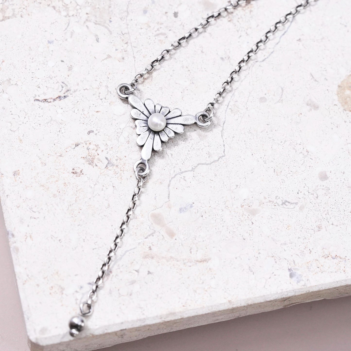 16", vintage Sterling 925 silver handmade necklace w/ freshwater pearl pendant