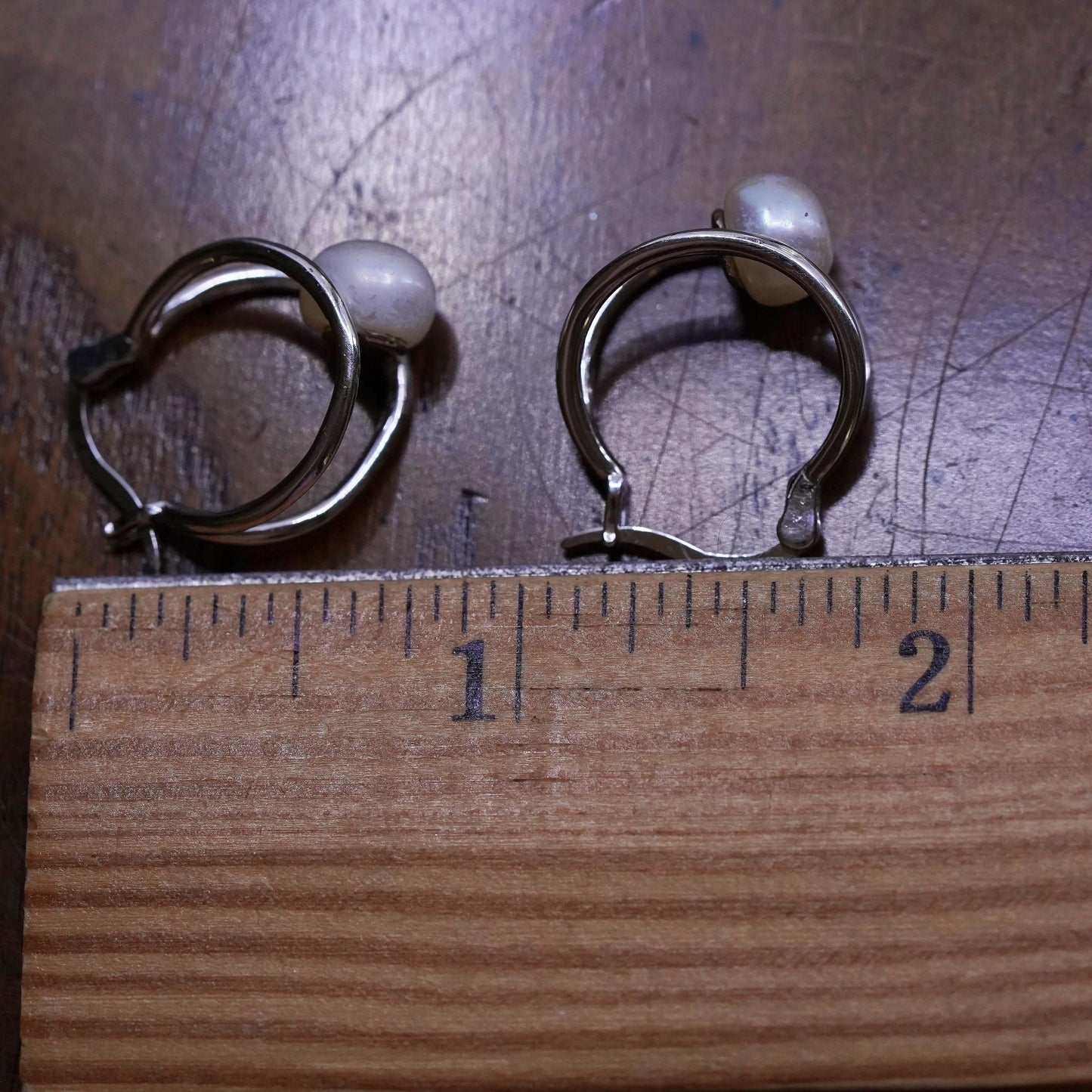 0.75", Vintage sterling silver loop earrings, fashion primitive hoops w/ pearl