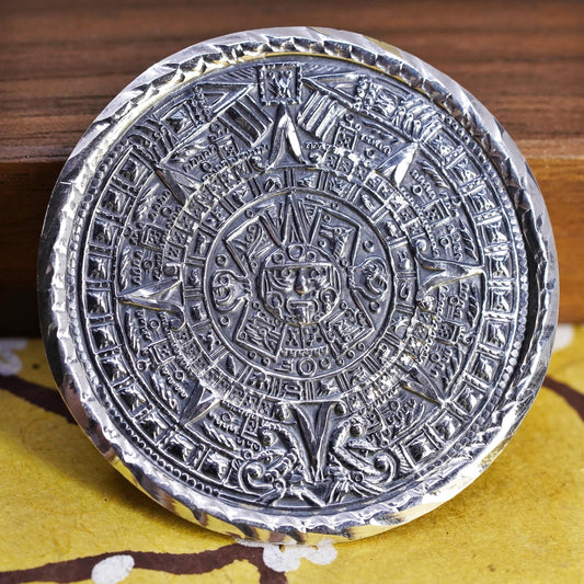 southwestern Mexican sterling 925 silver brooch, pendant Mayan Aztec Calendar