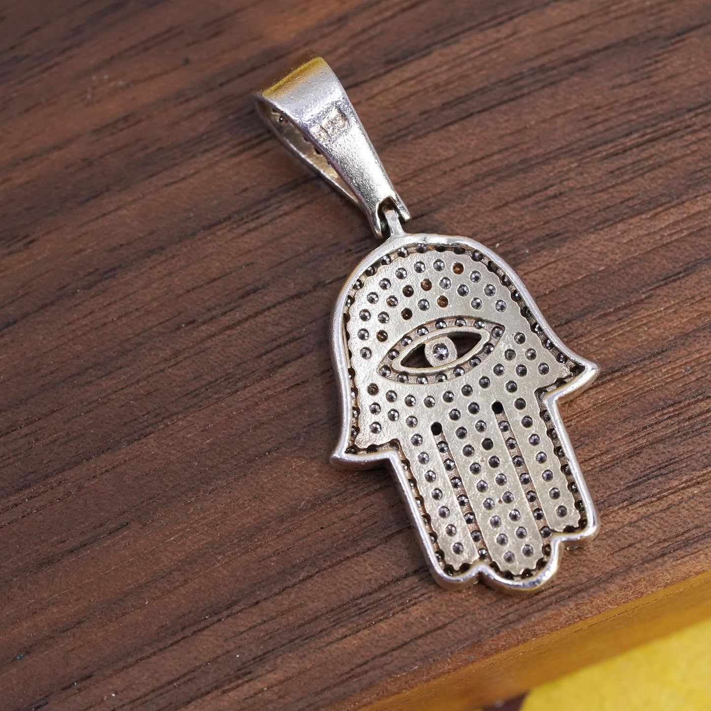 Sterling Silver Hamsa Hand Pendant, 925 CZ Pave Evil Eye Charm, Fatima Hand