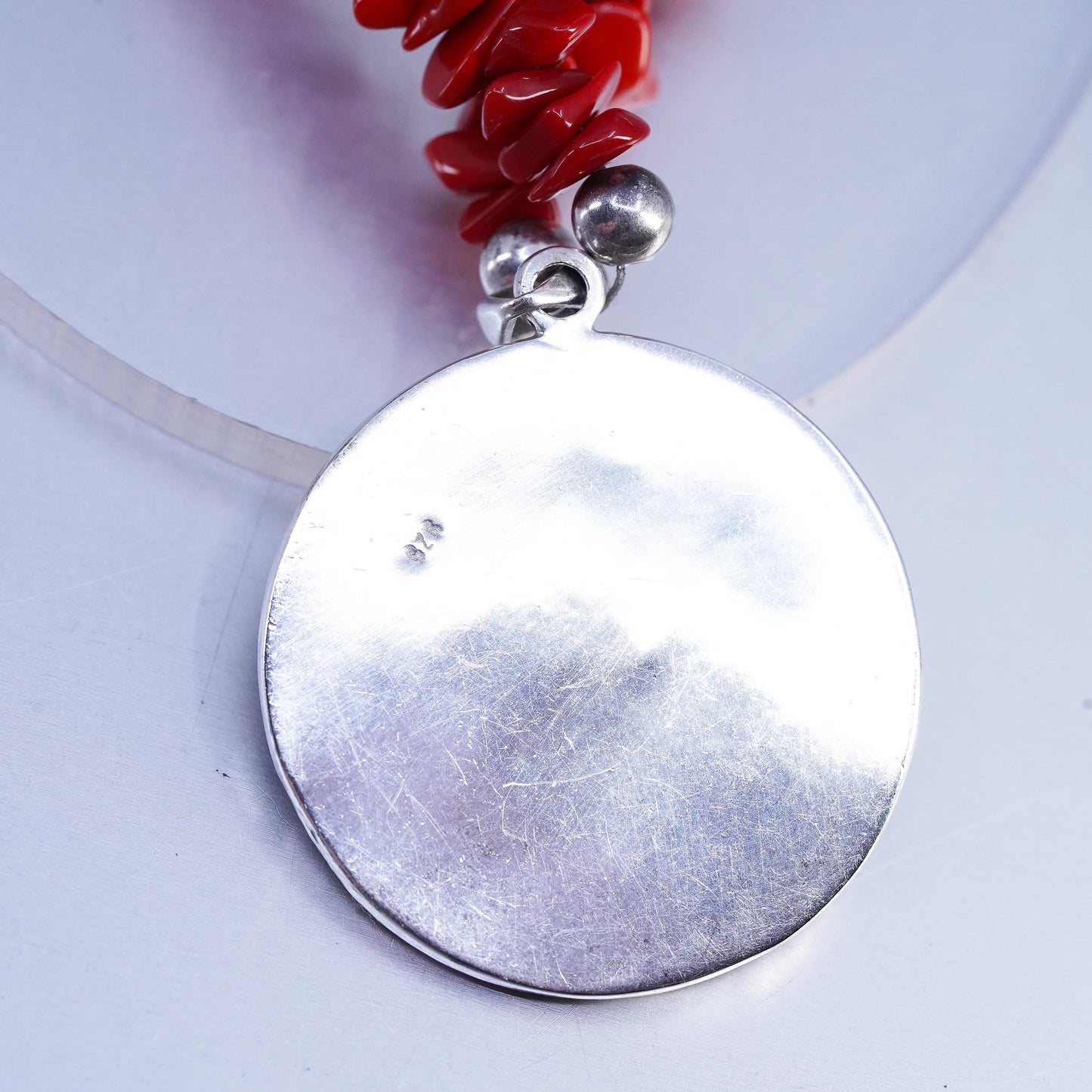 15+2", southwestern Sterling Silver 925 Necklace coral Beads and circle pendant
