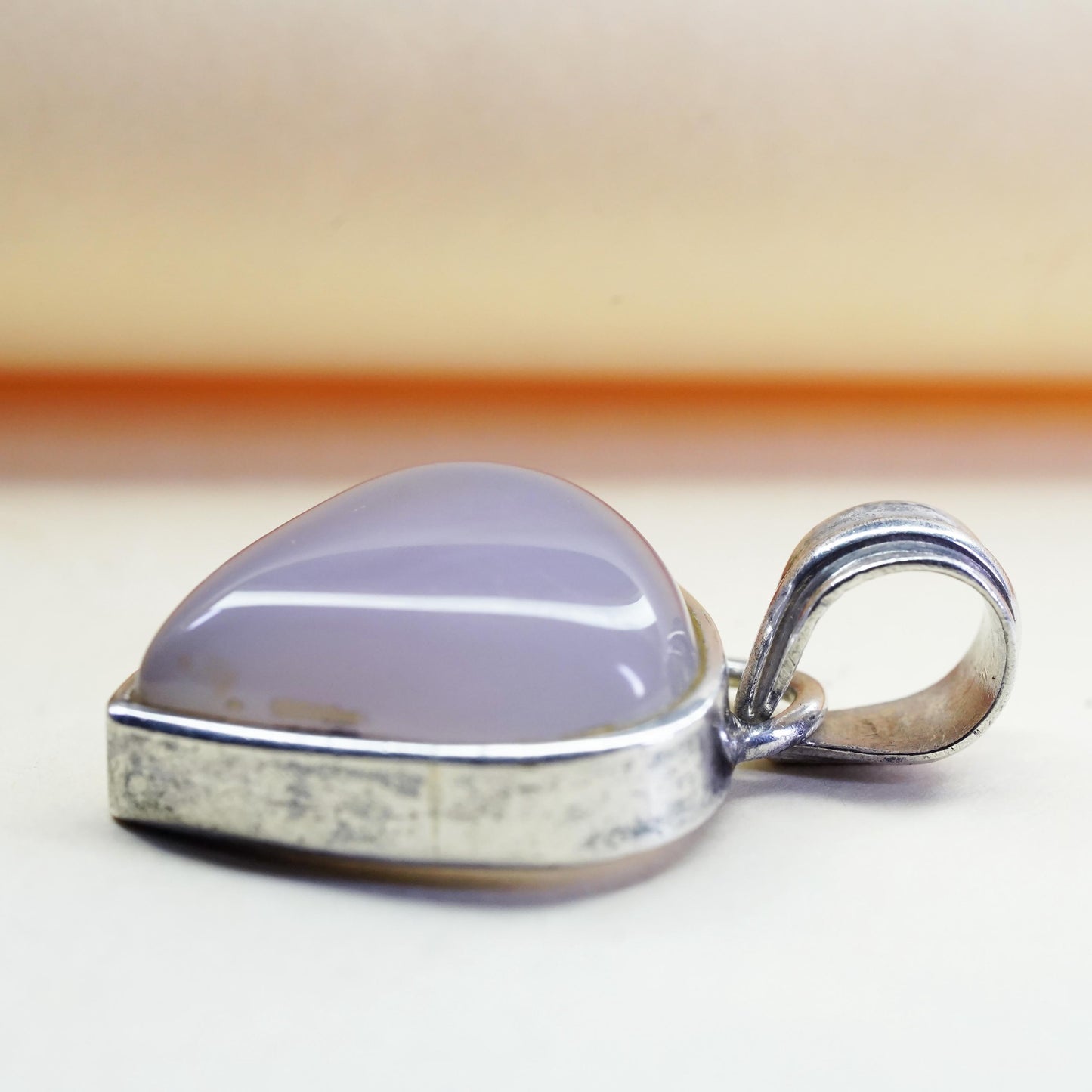Vintage Sterling 925 silver handmade pendant lavender pink teardrop Chalcedony