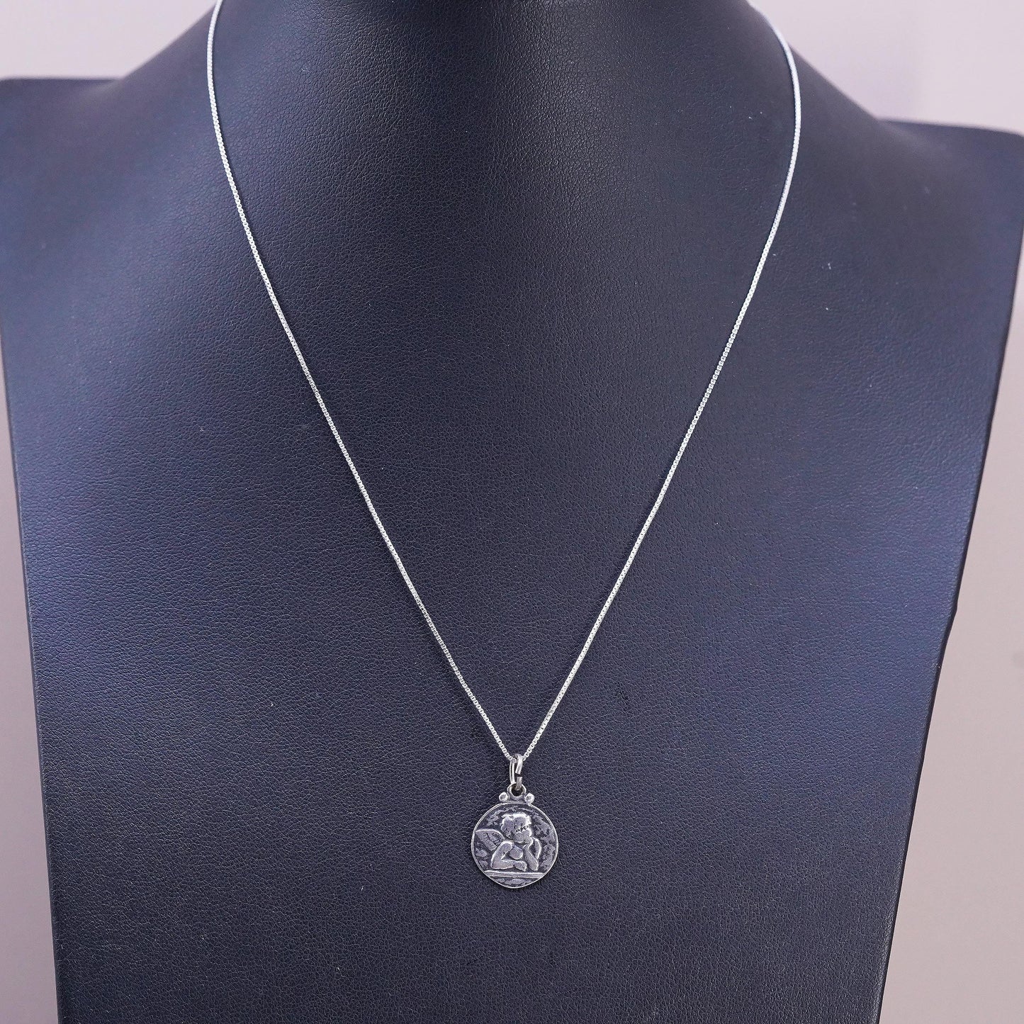 16", Vintage sterling 925 silver box necklace Guardian angel charm pendant