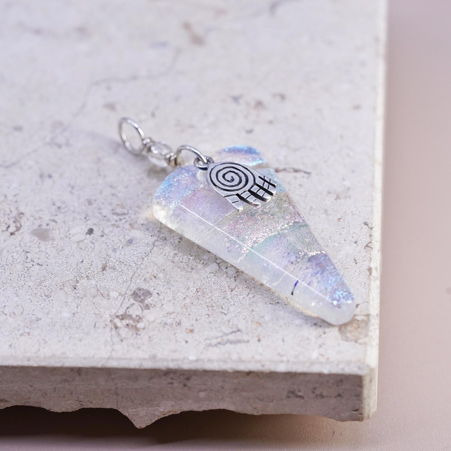 VTG sterling silver Pendant, 925 healing hand charm triangular artisan glass