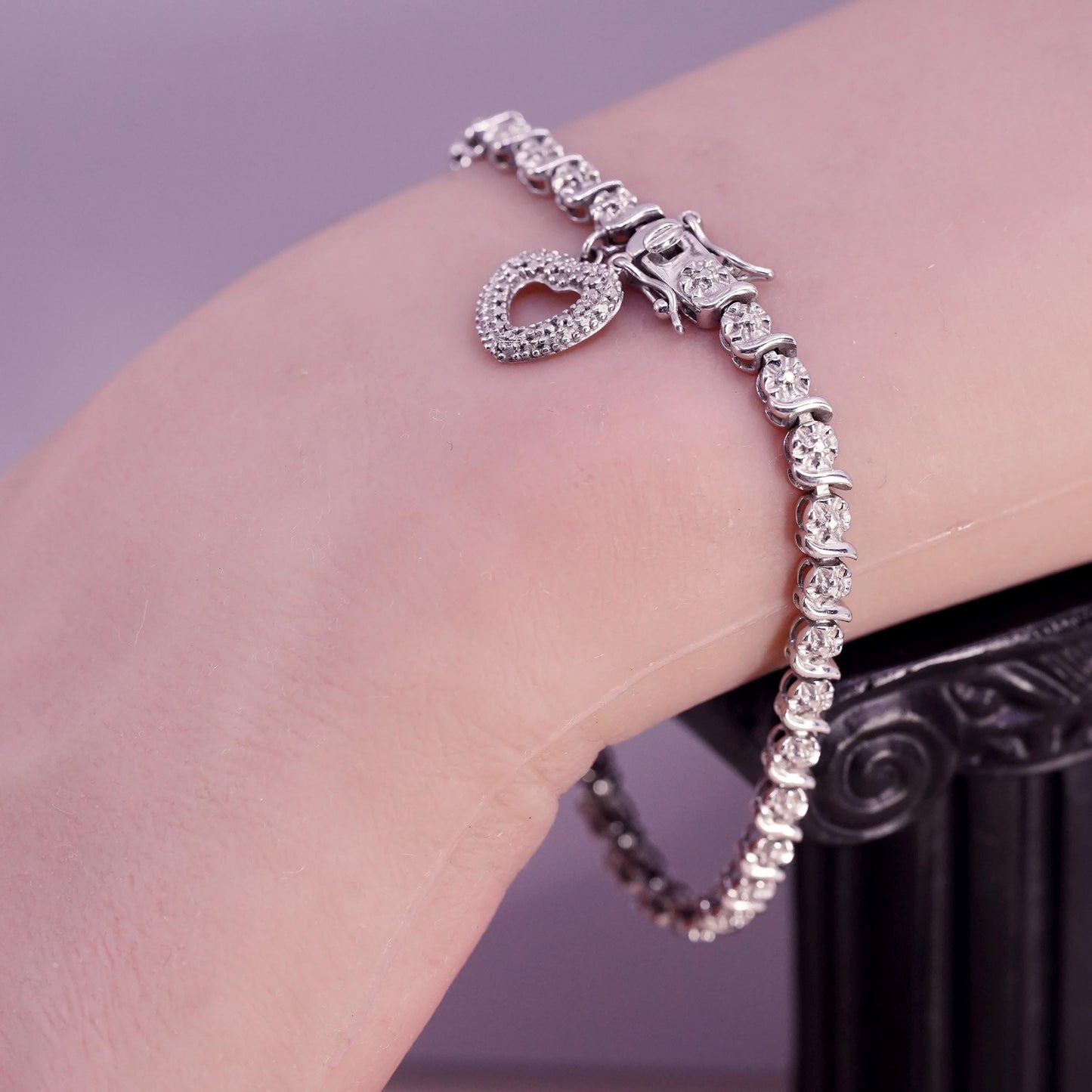 7", vintage sterling 925 silver tennis floral bracelet with diamond details