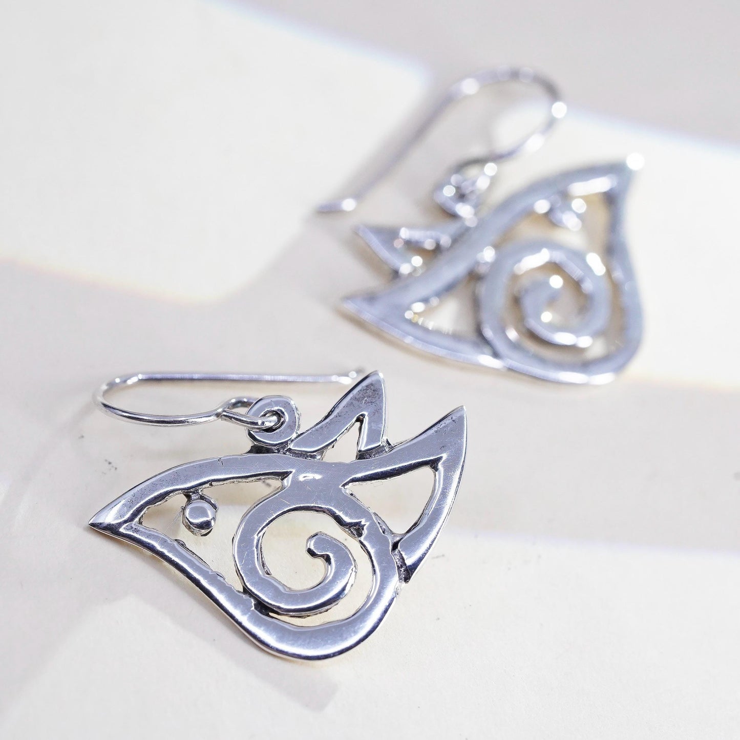 Vintage 925 Sterling Silver Abstract Bird Earrings, Artisan Openwork Dangles