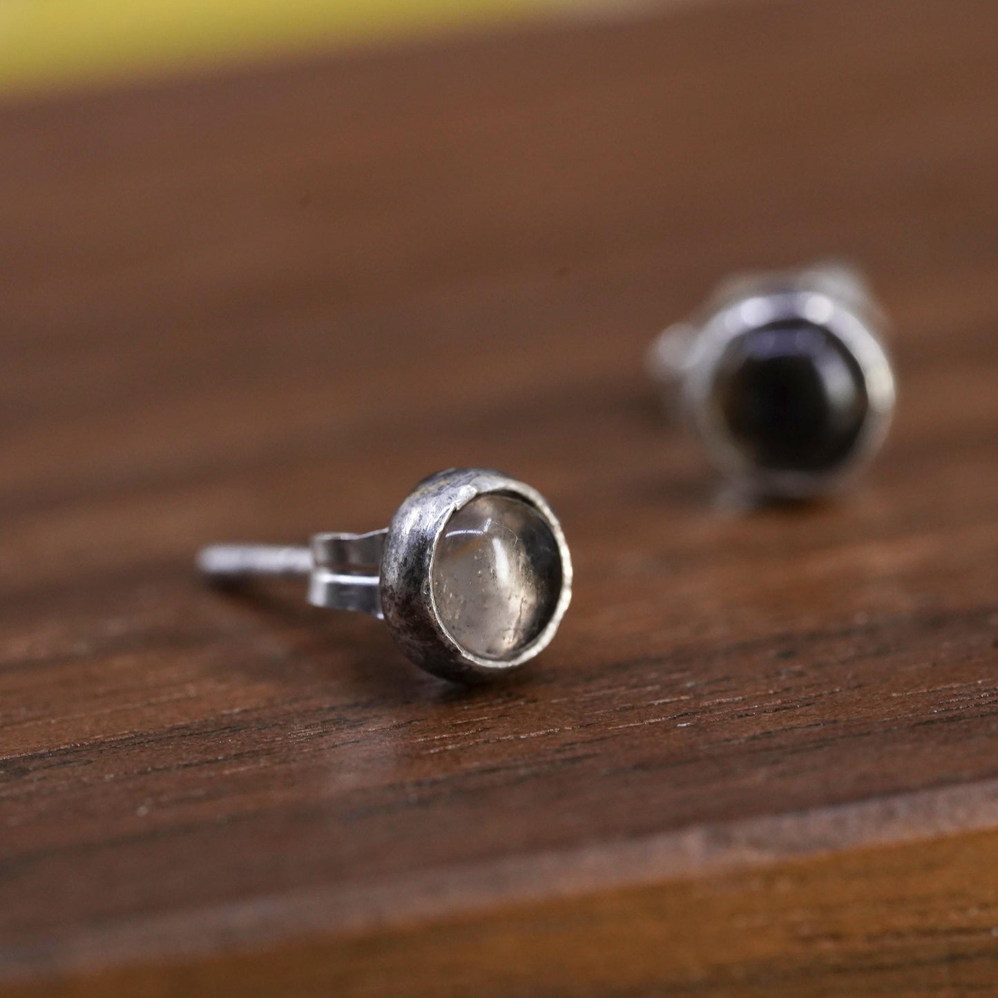vintage Sterling silver handmade studs, circle earrings with artisan glass