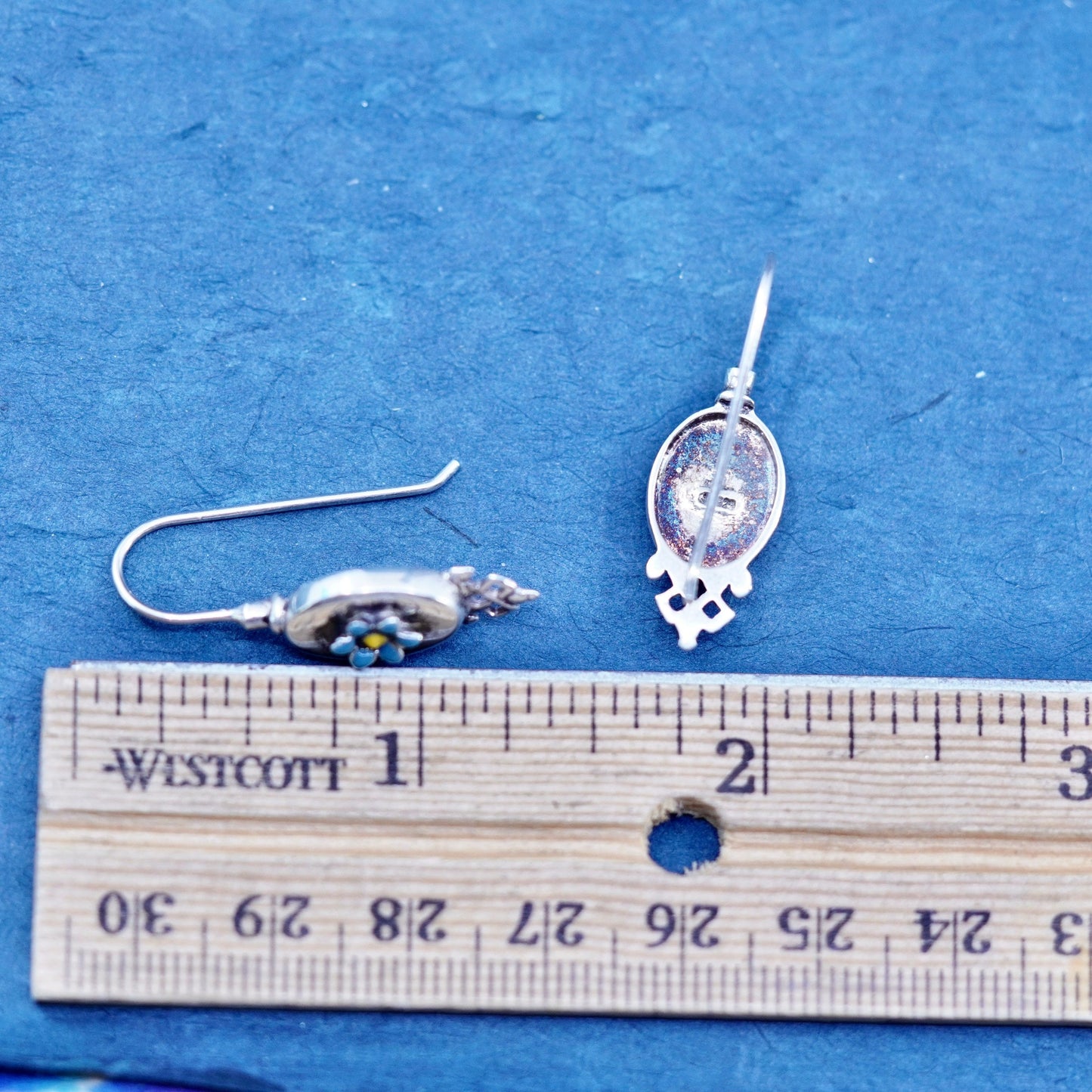 Vintage JR sterling silver handmade earrings with blue enamel flower