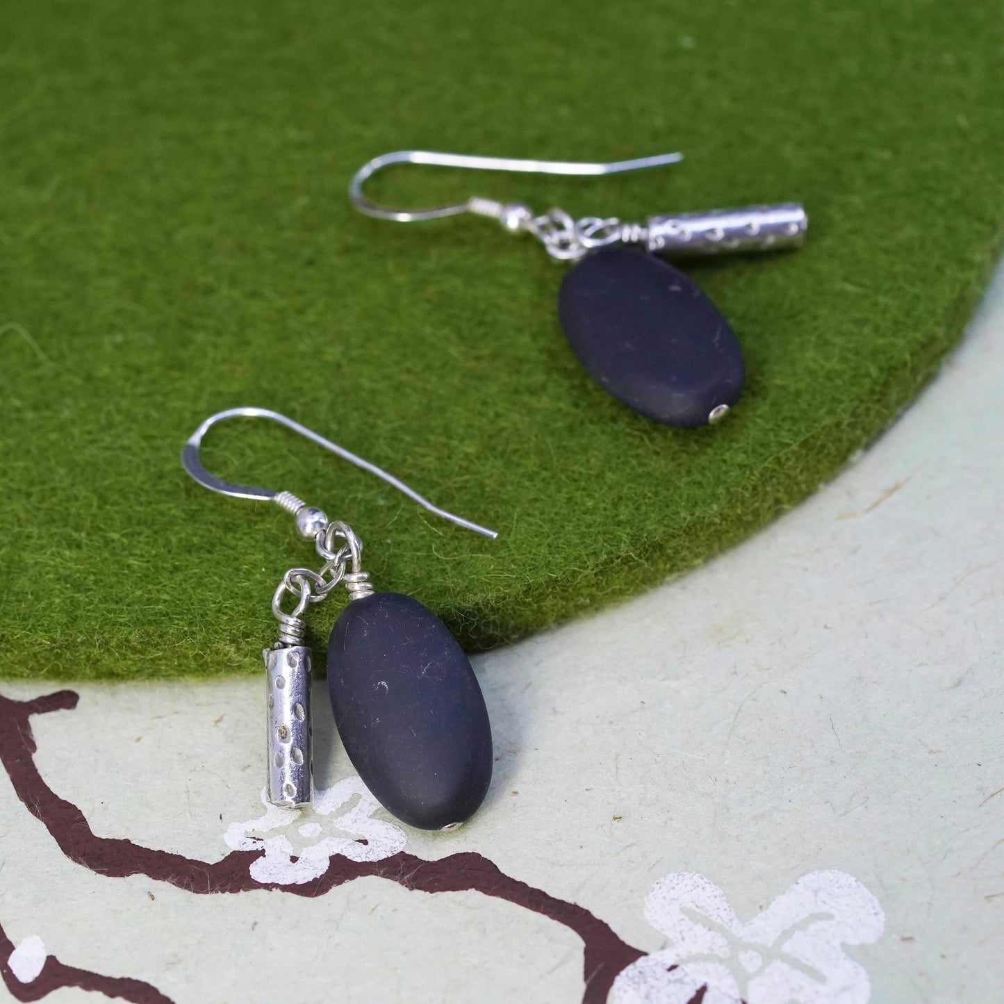 Vintage sterling 925 silver handmade earrings with pebble stone Dangles