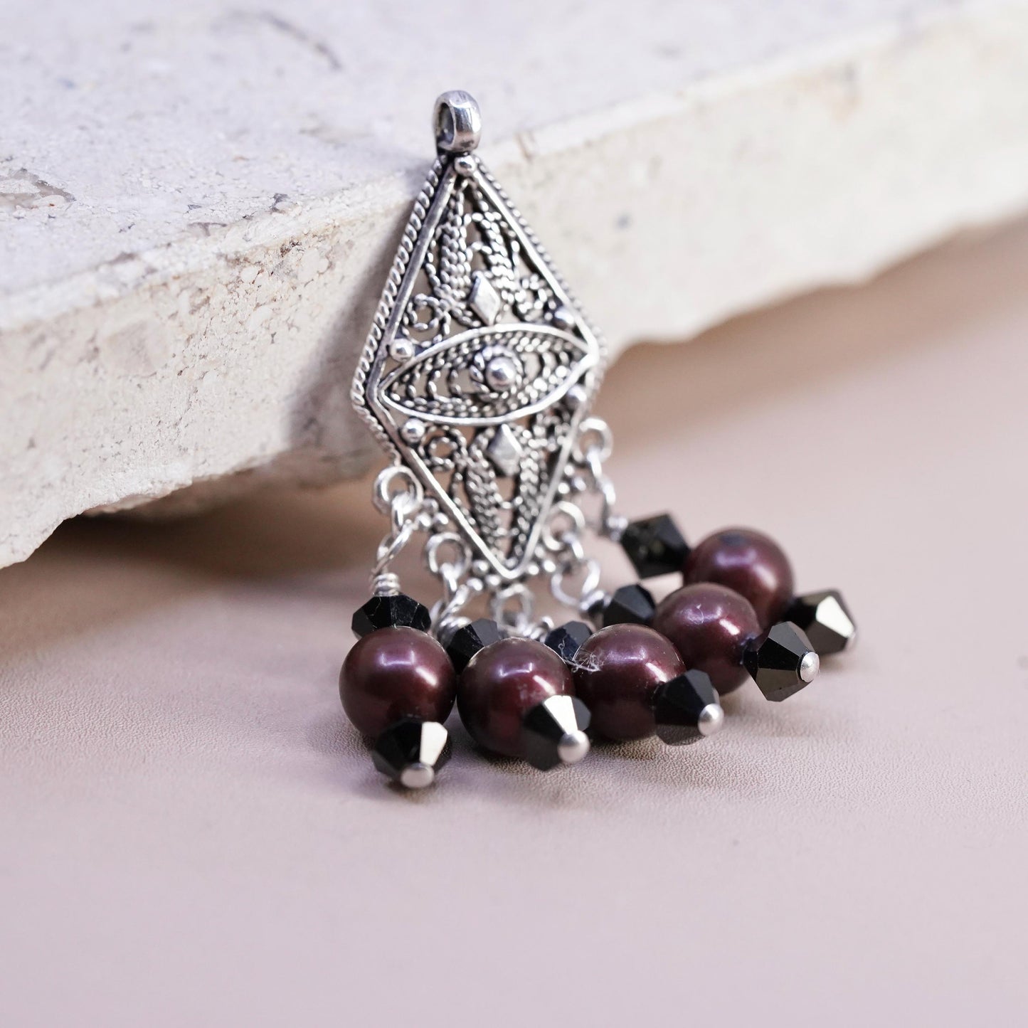 Vintage Sterling silver handmade pendant, 925 filigree charm with pearl beads